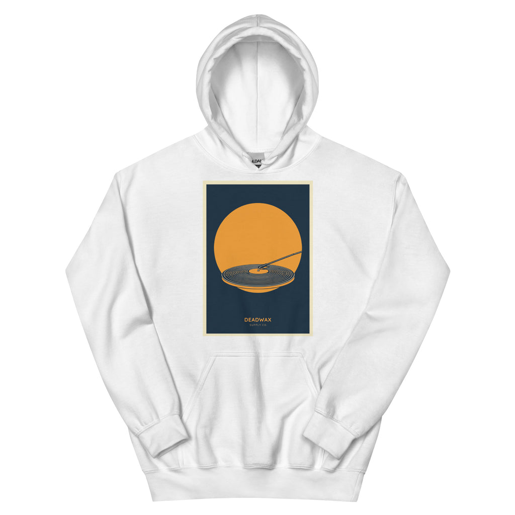 Deadwax Tonearm Hoodie in heather navy – vinyl record collector hoodie with tonearm and record logo