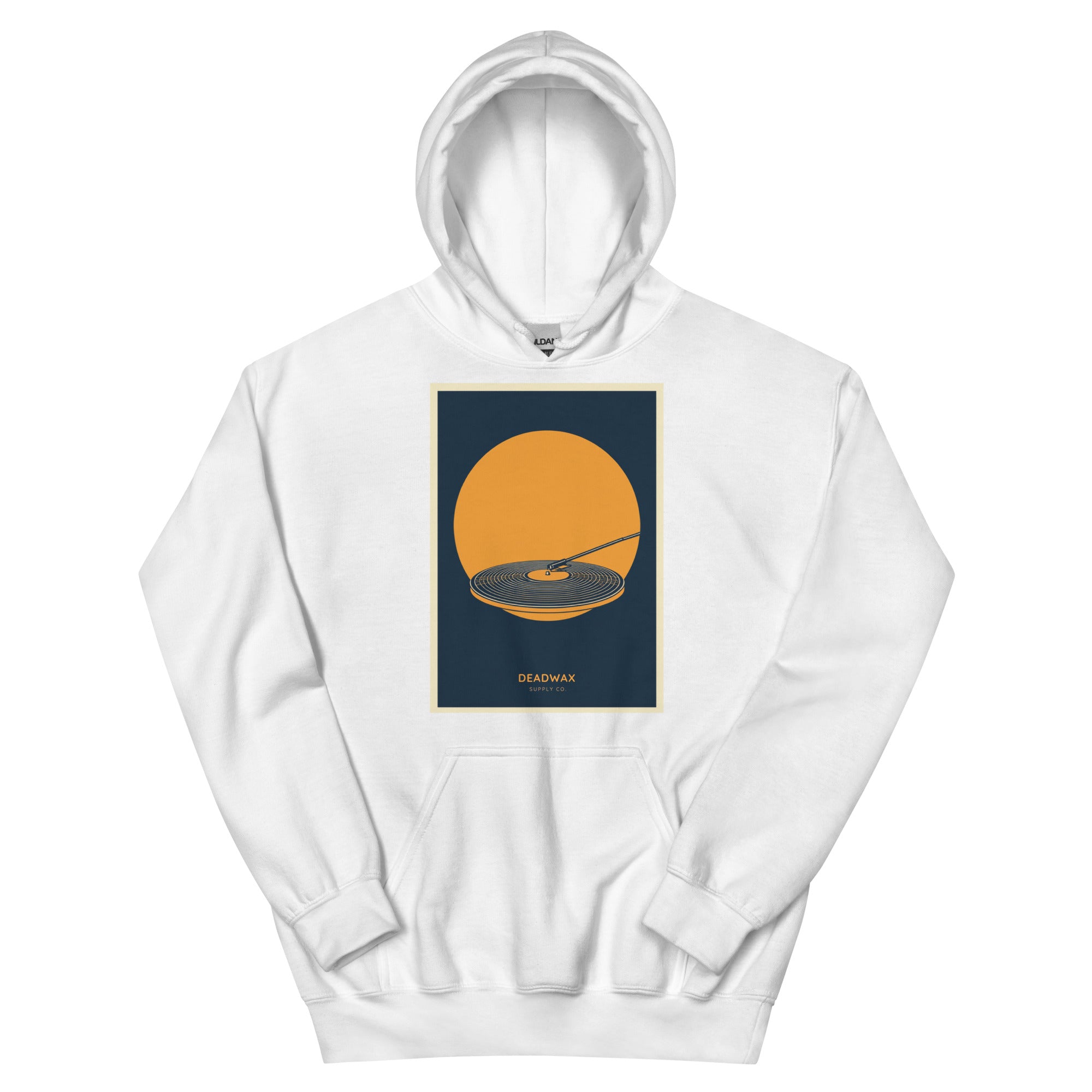 Deadwax Tonearm Hoodie in heather navy – vinyl record collector hoodie with tonearm and record logo