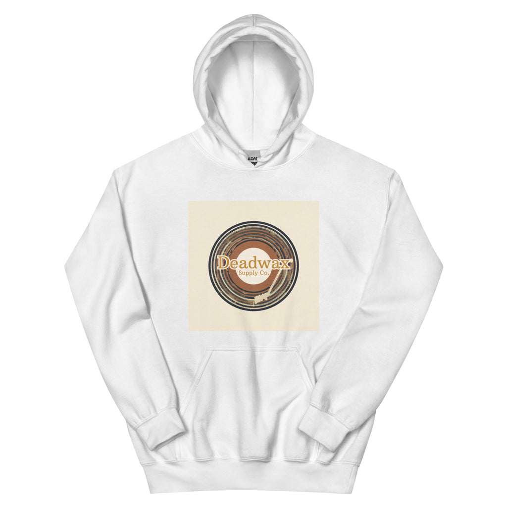 Deadwax Tonearm Hoodie in heather navy – vinyl record collector hoodie with tonearm and record logo