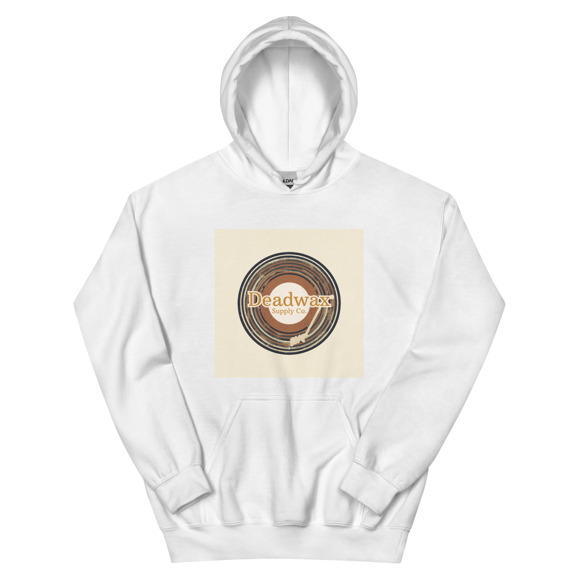 Deadwax Tonearm Hoodie in heather navy – vinyl record collector hoodie with tonearm and record logo