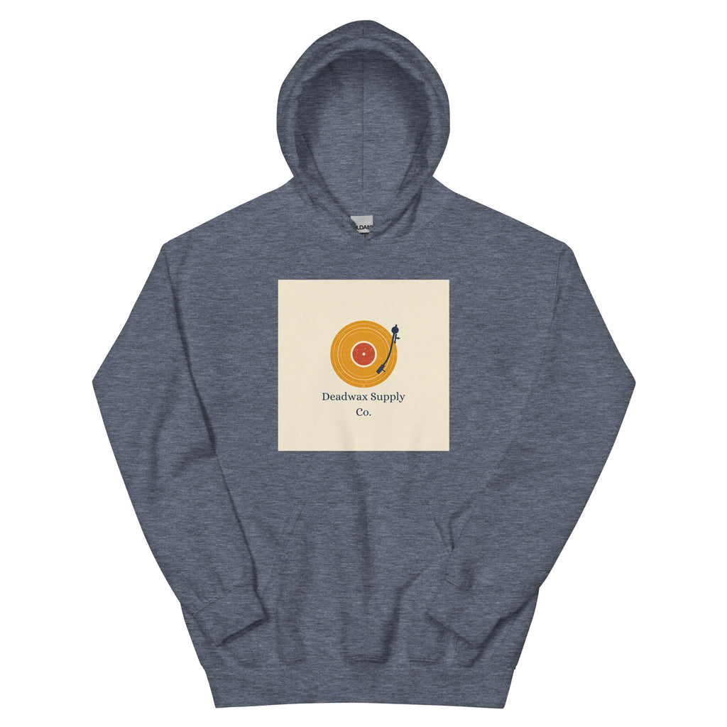 Deadwax Tonearm Hoodie in heather sport dark navy – vinyl record collector hoodie with tonearm and record logo
