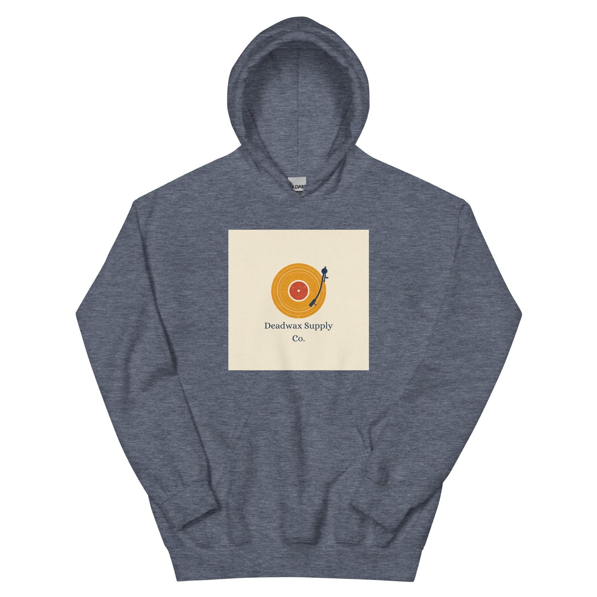 Deadwax Tonearm Hoodie in heather sport dark navy – vinyl record collector hoodie with tonearm and record logo