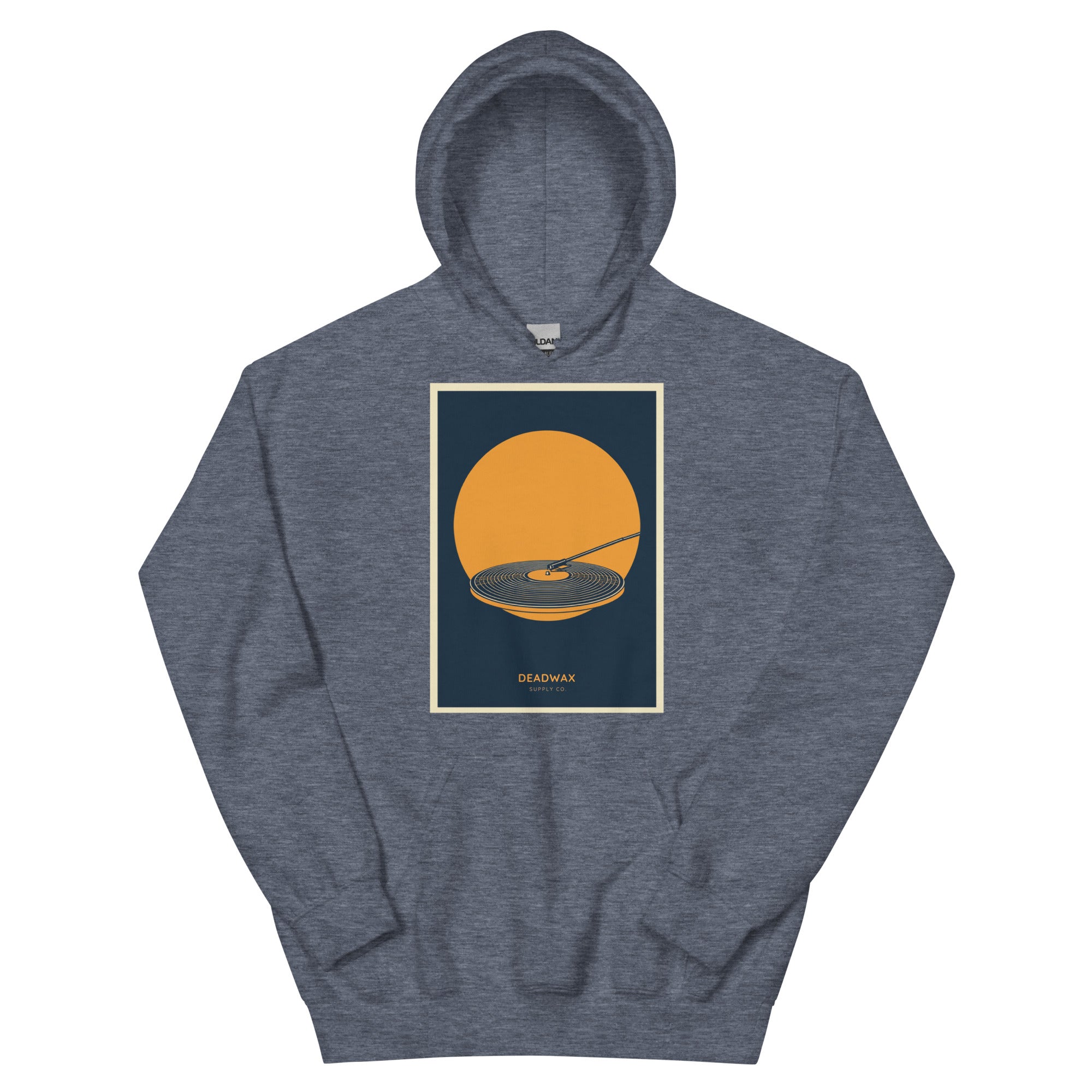 Deadwax Tonearm Hoodie in heather sport dark navy – vinyl record collector hoodie with tonearm and record logo