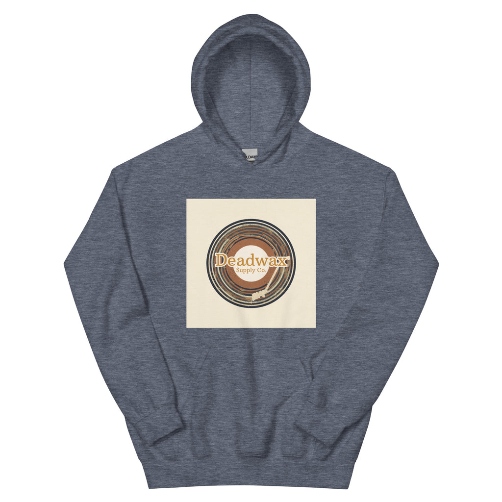 Deadwax Tonearm Hoodie in heather sport dark navy – vinyl record collector hoodie with tonearm and record logo
