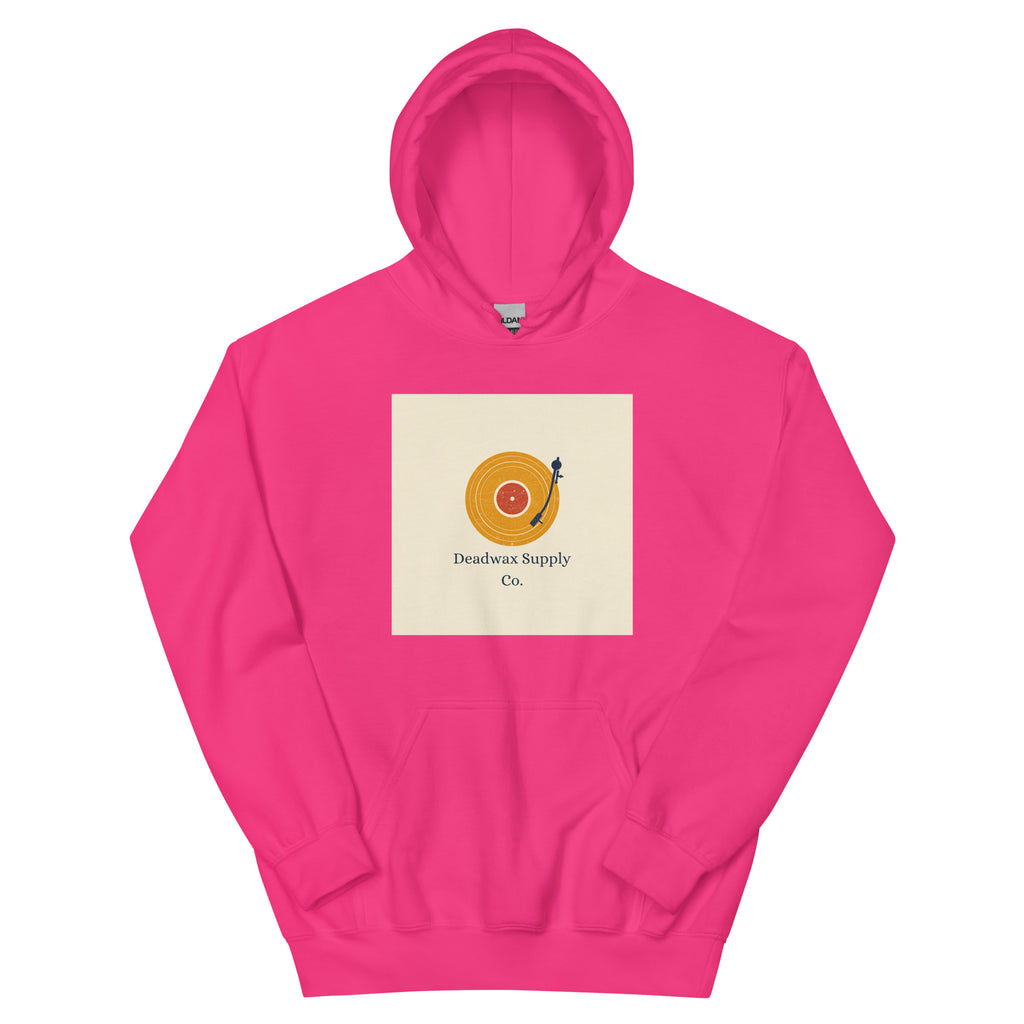 Deadwax Tonearm Hoodie in heliconia – vinyl record collector hoodie with tonearm and record logo