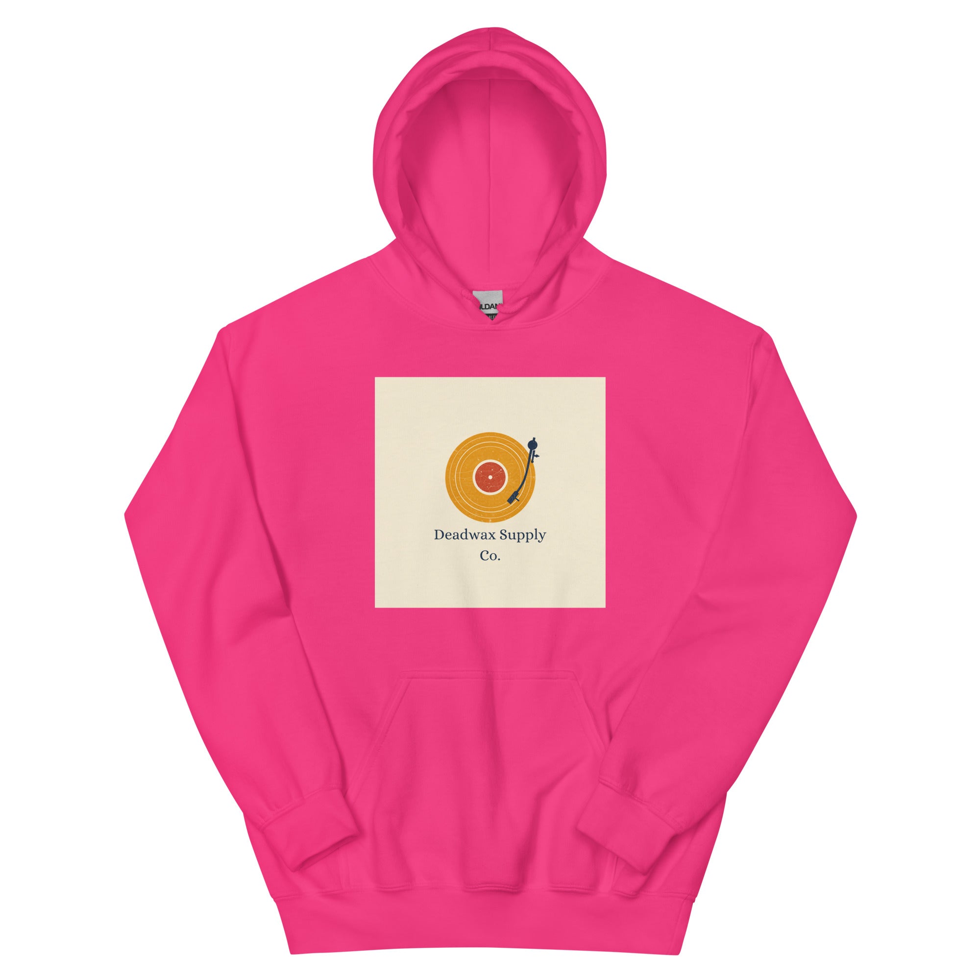Deadwax Tonearm Hoodie in heliconia – vinyl record collector hoodie with tonearm and record logo