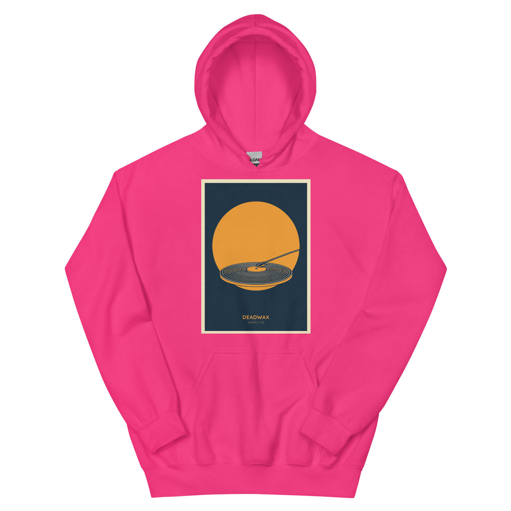 Deadwax Tonearm Hoodie in heliconia – vinyl record collector hoodie with tonearm and record logo