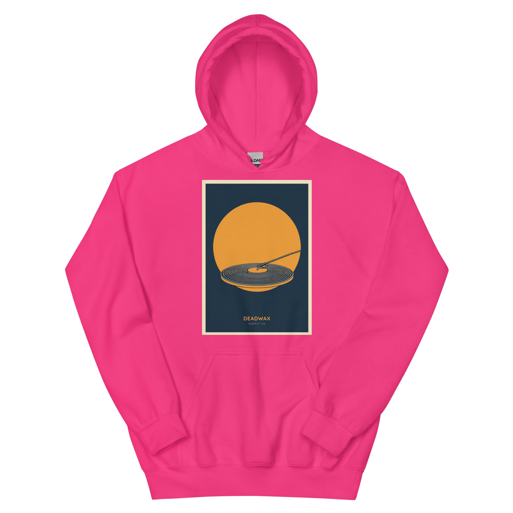 Deadwax Tonearm Hoodie in heliconia – vinyl record collector hoodie with tonearm and record logo