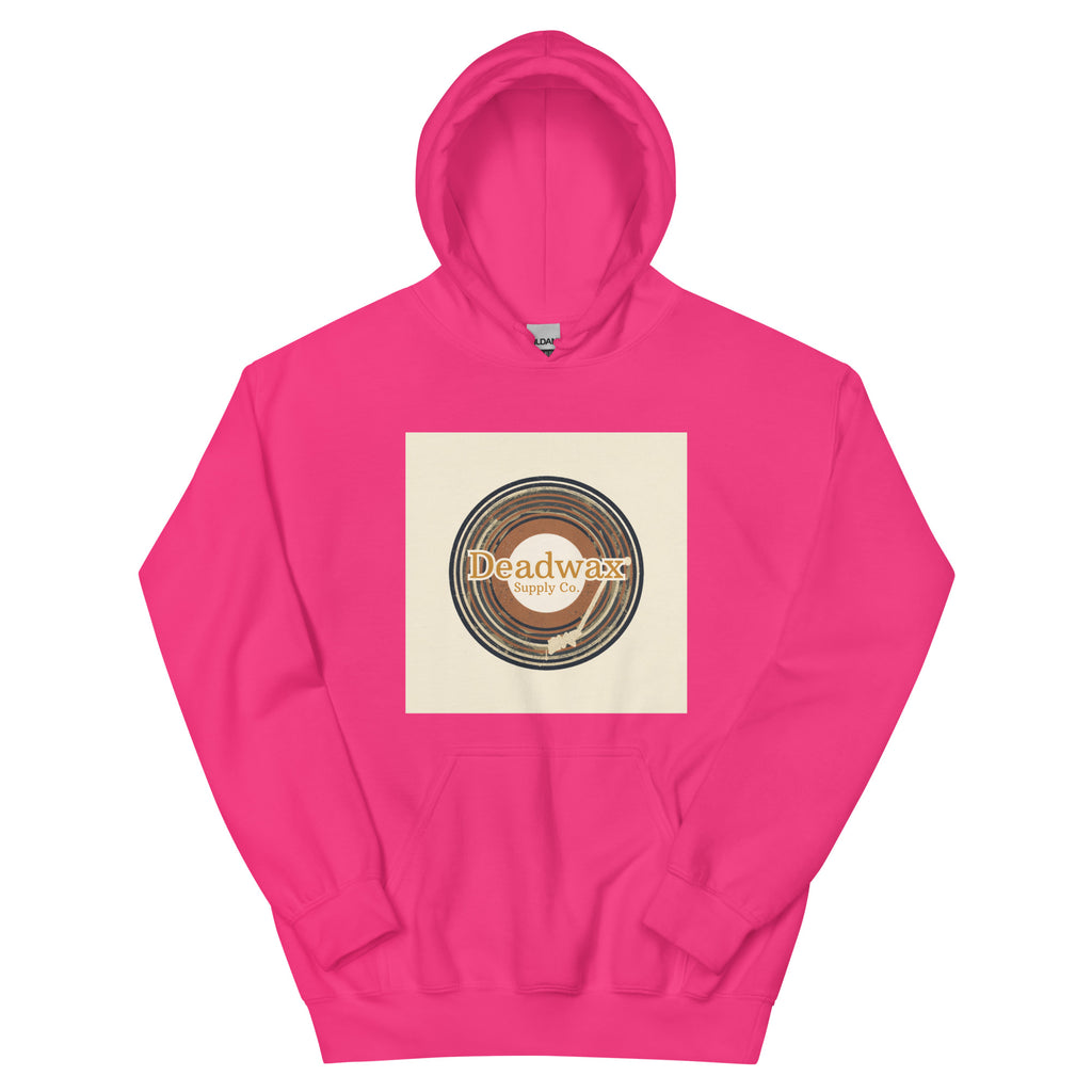 Deadwax Tonearm Hoodie in heliconia – vinyl record collector hoodie with tonearm and record logo
