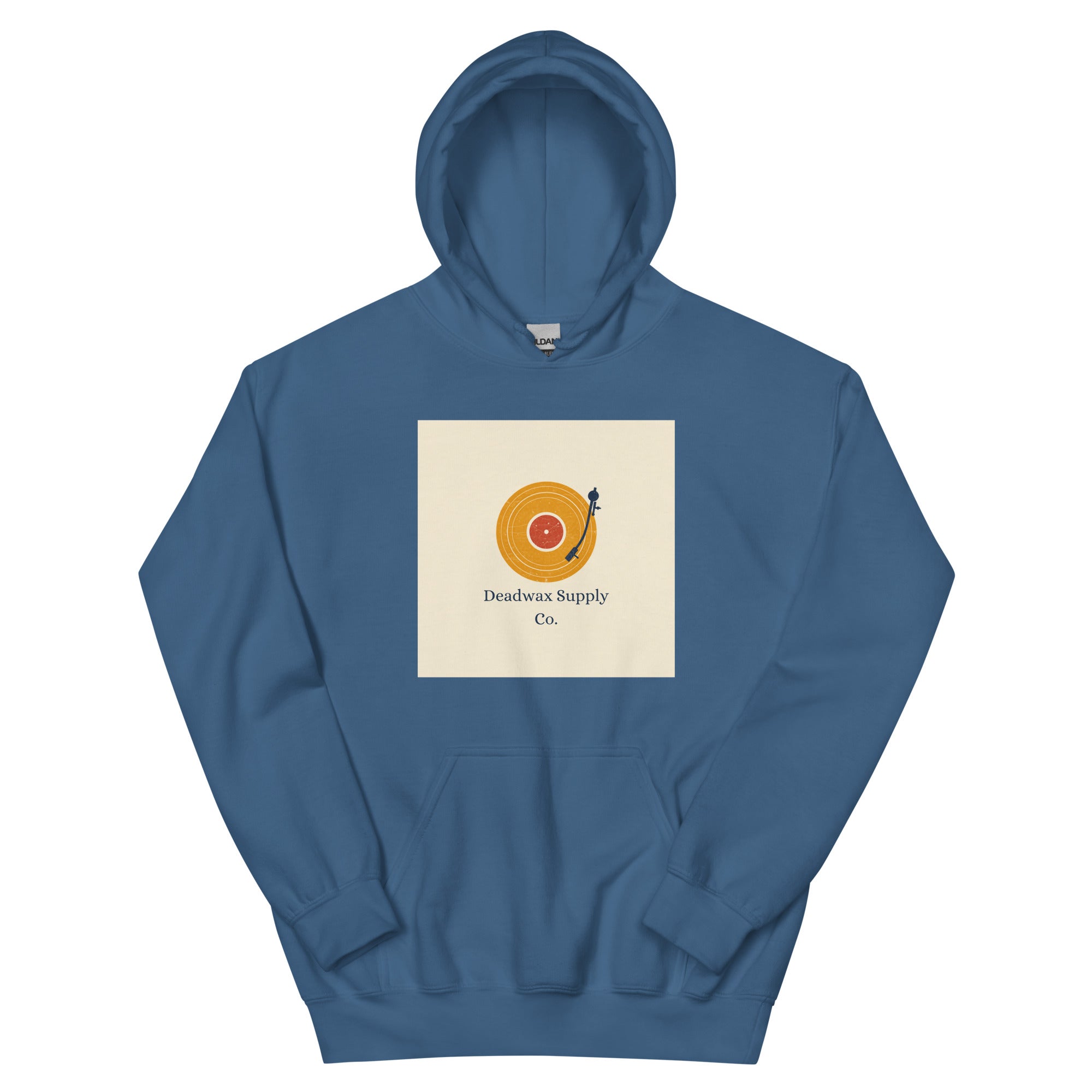 Deadwax Tonearm Hoodie in indigo blue – vinyl record collector hoodie with tonearm and record logo