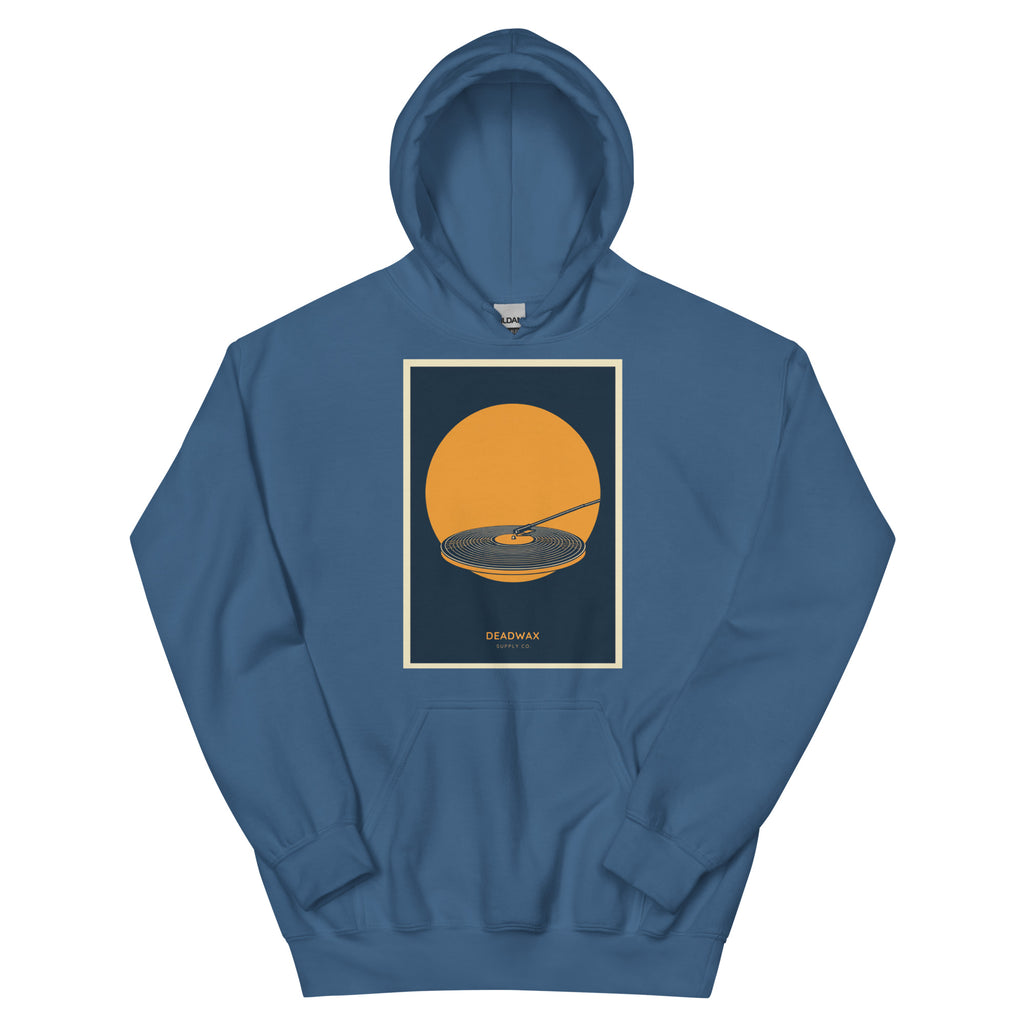 Deadwax Tonearm Hoodie in indigo blue – vinyl record collector hoodie with tonearm and record logo