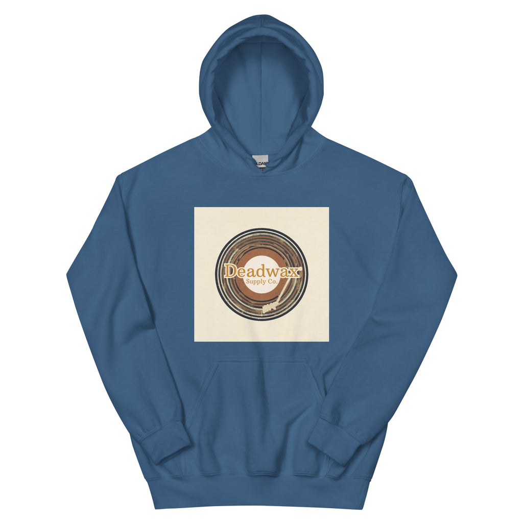 Deadwax Tonearm Hoodie in indigo blue – vinyl record collector hoodie with tonearm and record logo