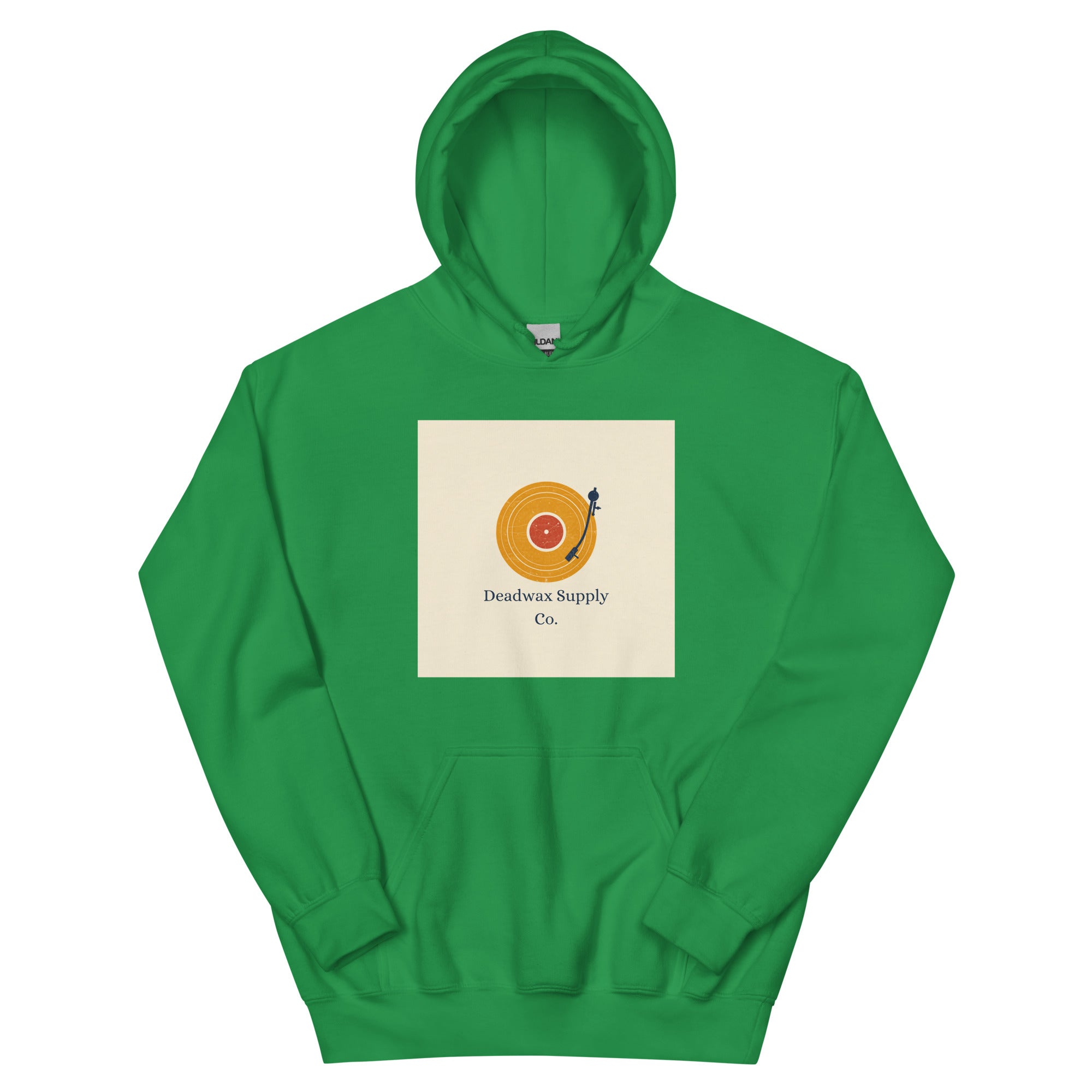 Deadwax Tonearm Hoodie in irish green – vinyl record collector hoodie with tonearm and record logo