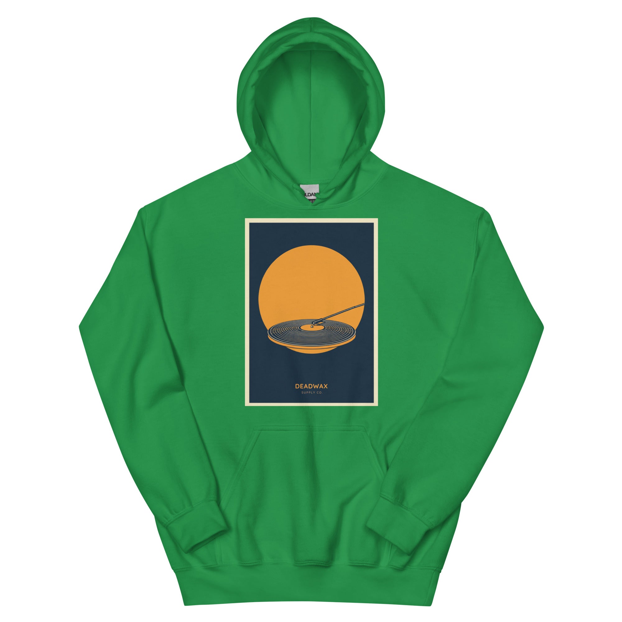 Deadwax Tonearm Hoodie in irish green – vinyl record collector hoodie with tonearm and record logo