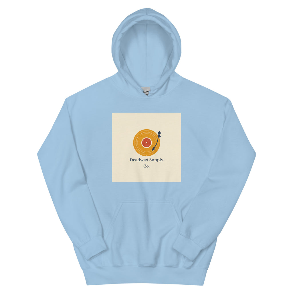 Deadwax Tonearm Hoodie in light blue – vinyl record collector hoodie with tonearm and record logo