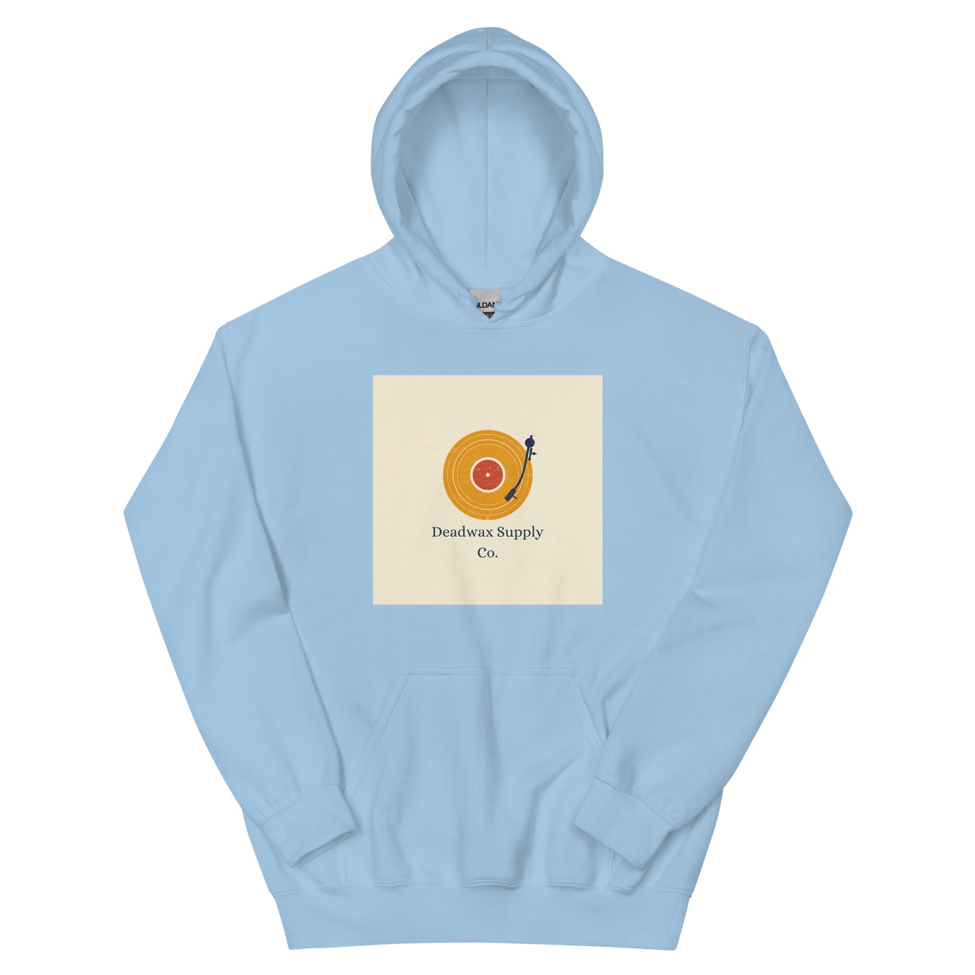 Deadwax Tonearm Hoodie in light blue – vinyl record collector hoodie with tonearm and record logo