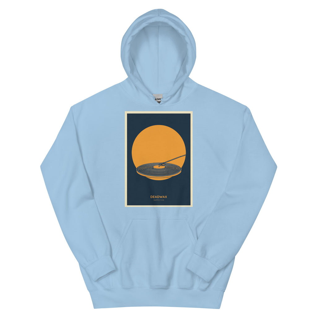 Deadwax Tonearm Hoodie in light blue – vinyl record collector hoodie with tonearm and record logo