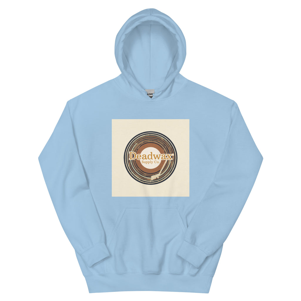 Deadwax Tonearm Hoodie in light blue – vinyl record collector hoodie with tonearm and record logo