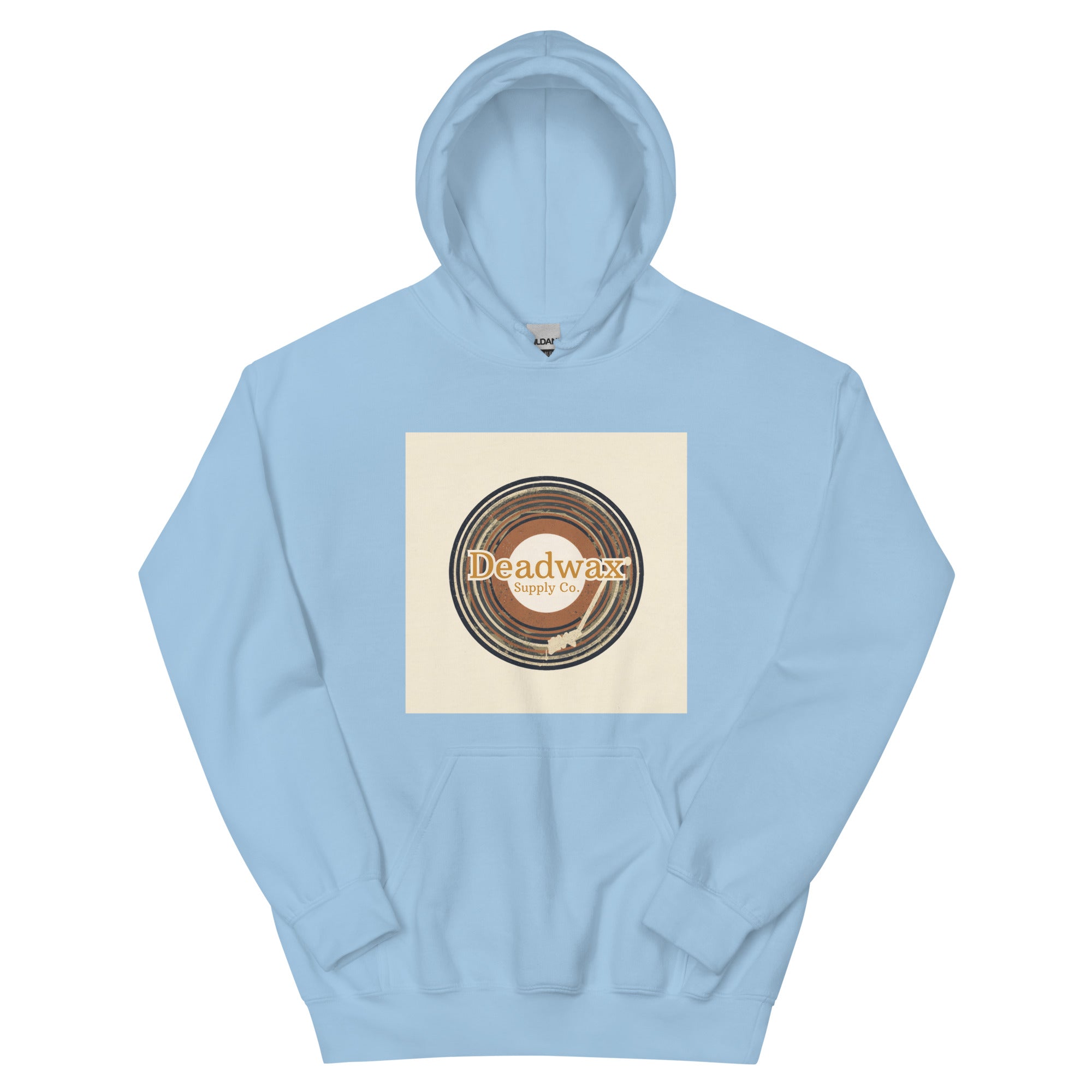 Deadwax Tonearm Hoodie in light blue – vinyl record collector hoodie with tonearm and record logo