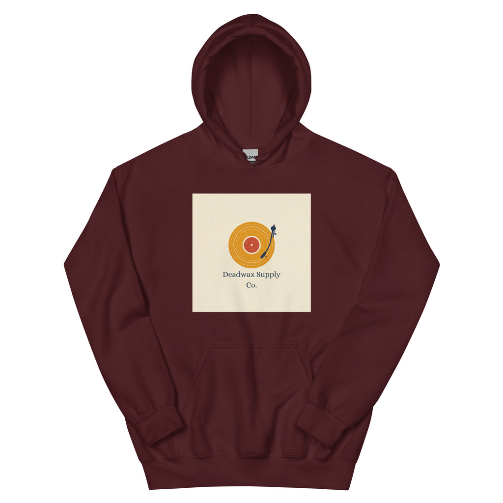 Deadwax Tonearm Hoodie in maroon – vinyl record collector hoodie with tonearm and record logo
