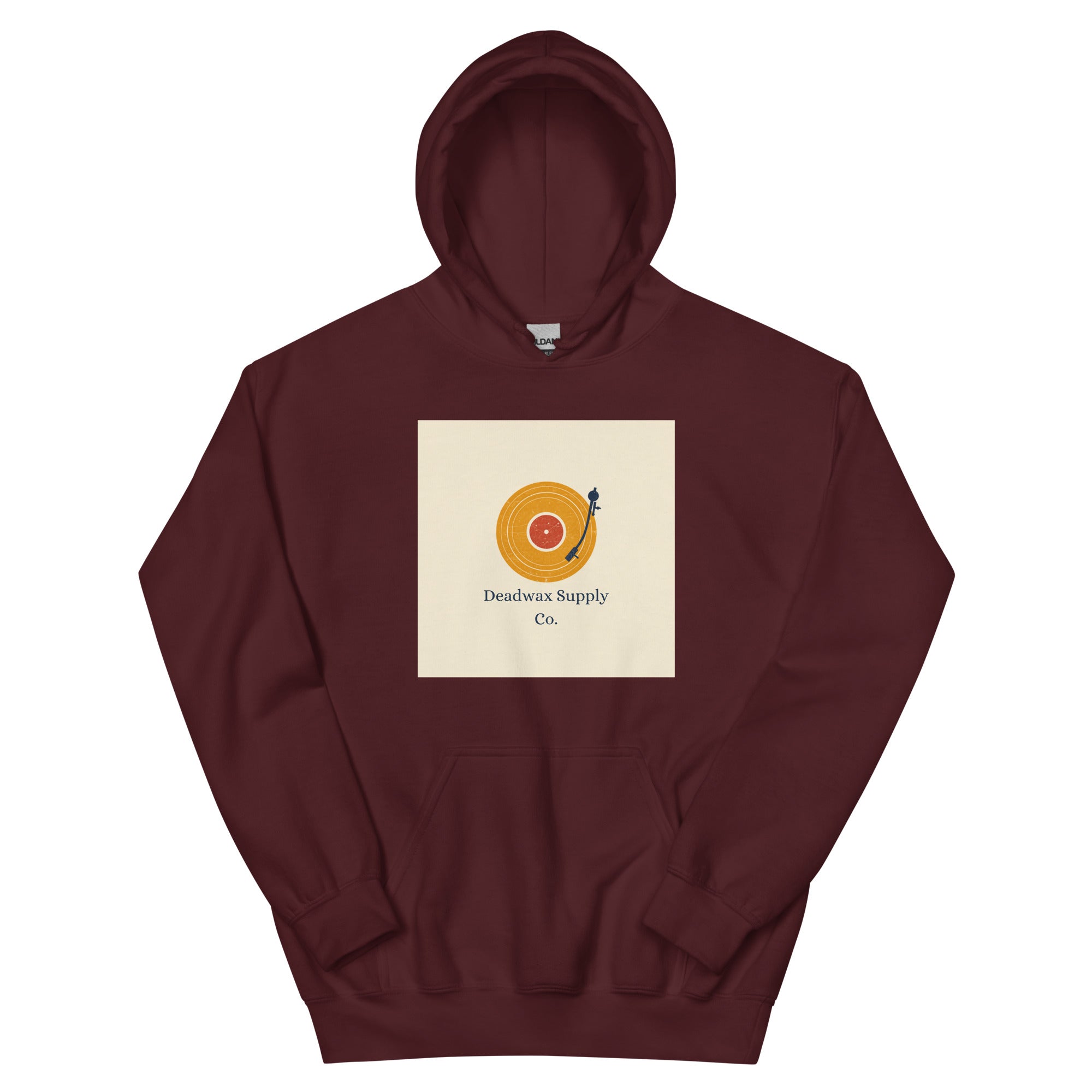 Deadwax Tonearm Hoodie in maroon – vinyl record collector hoodie with tonearm and record logo