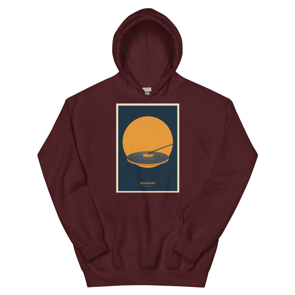 Deadwax Tonearm Hoodie in maroon – vinyl record collector hoodie with tonearm and record logo