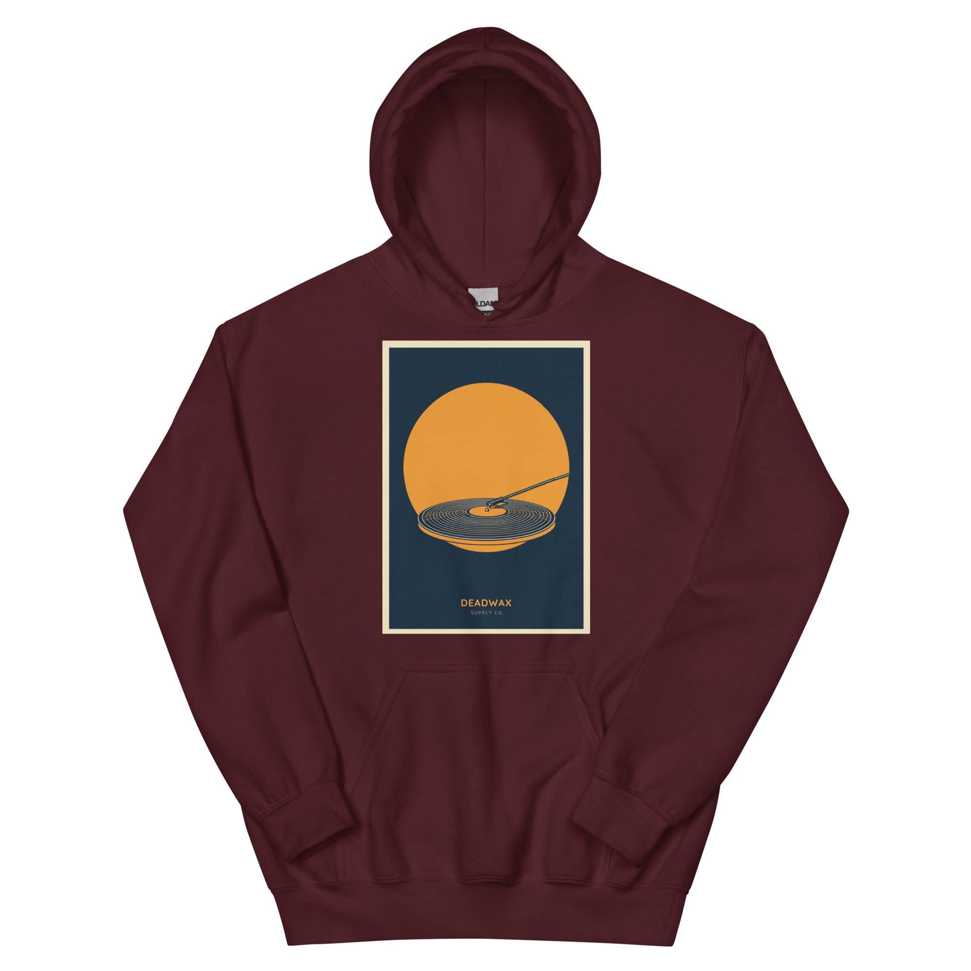 Deadwax Tonearm Hoodie in maroon – vinyl record collector hoodie with tonearm and record logo