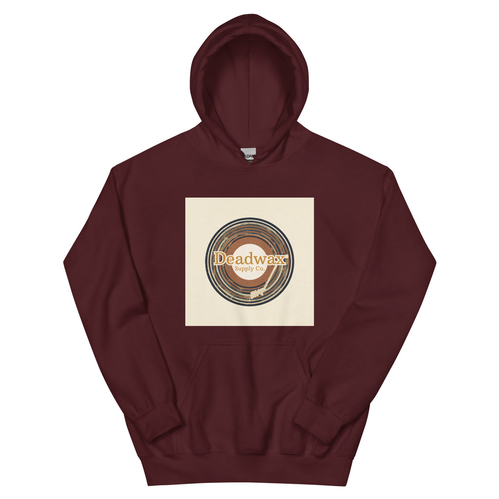 Deadwax Tonearm Hoodie in maroon – vinyl record collector hoodie with tonearm and record logo