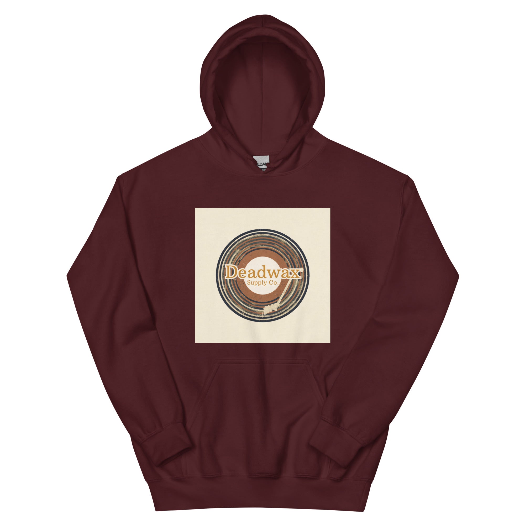 Deadwax Tonearm Hoodie in maroon – vinyl record collector hoodie with tonearm and record logo