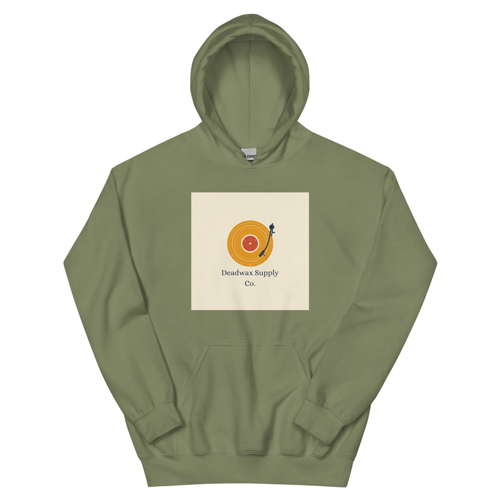 Deadwax Tonearm Hoodie in military green – vinyl record collector hoodie with tonearm and record logo