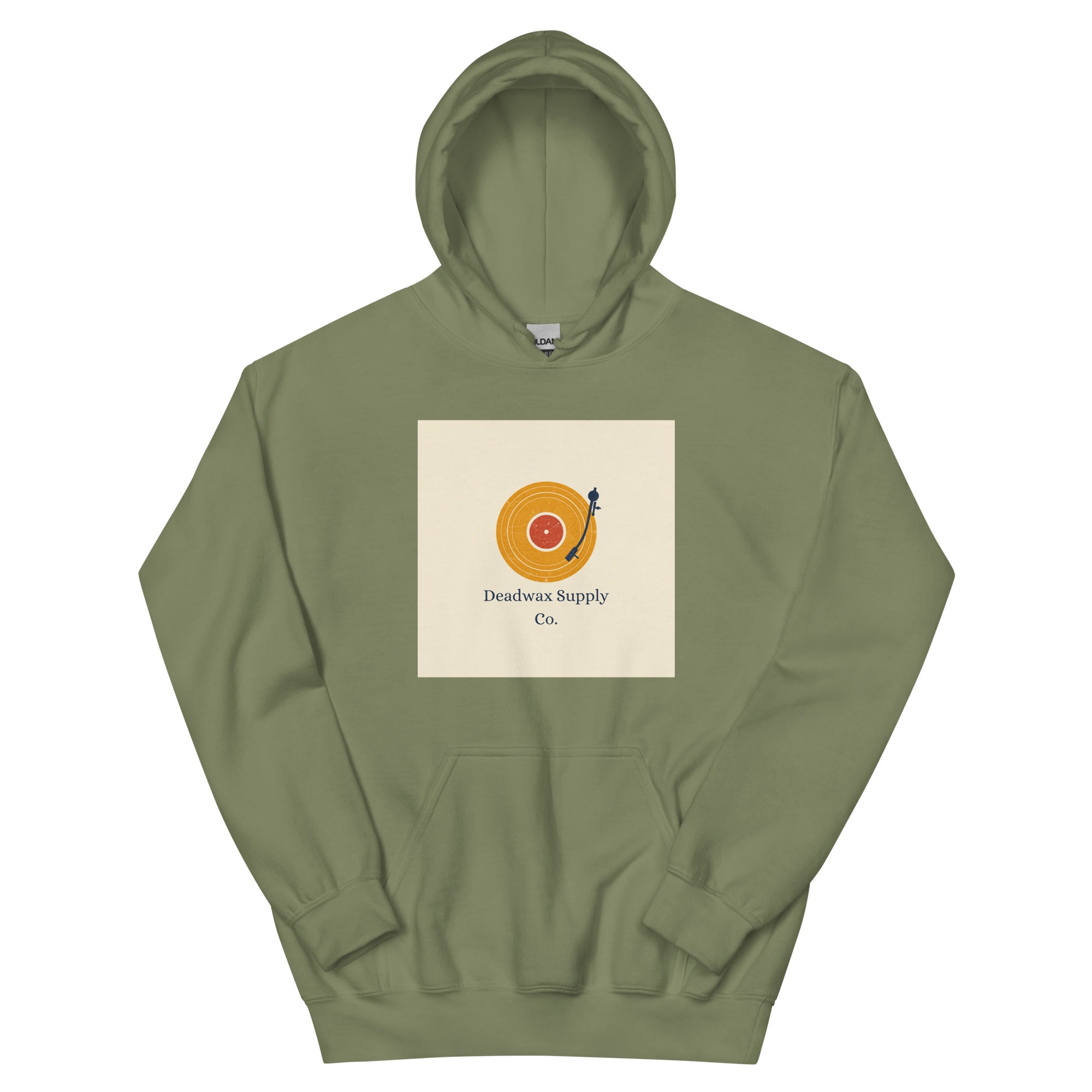 Deadwax Tonearm Hoodie in military green – vinyl record collector hoodie with tonearm and record logo