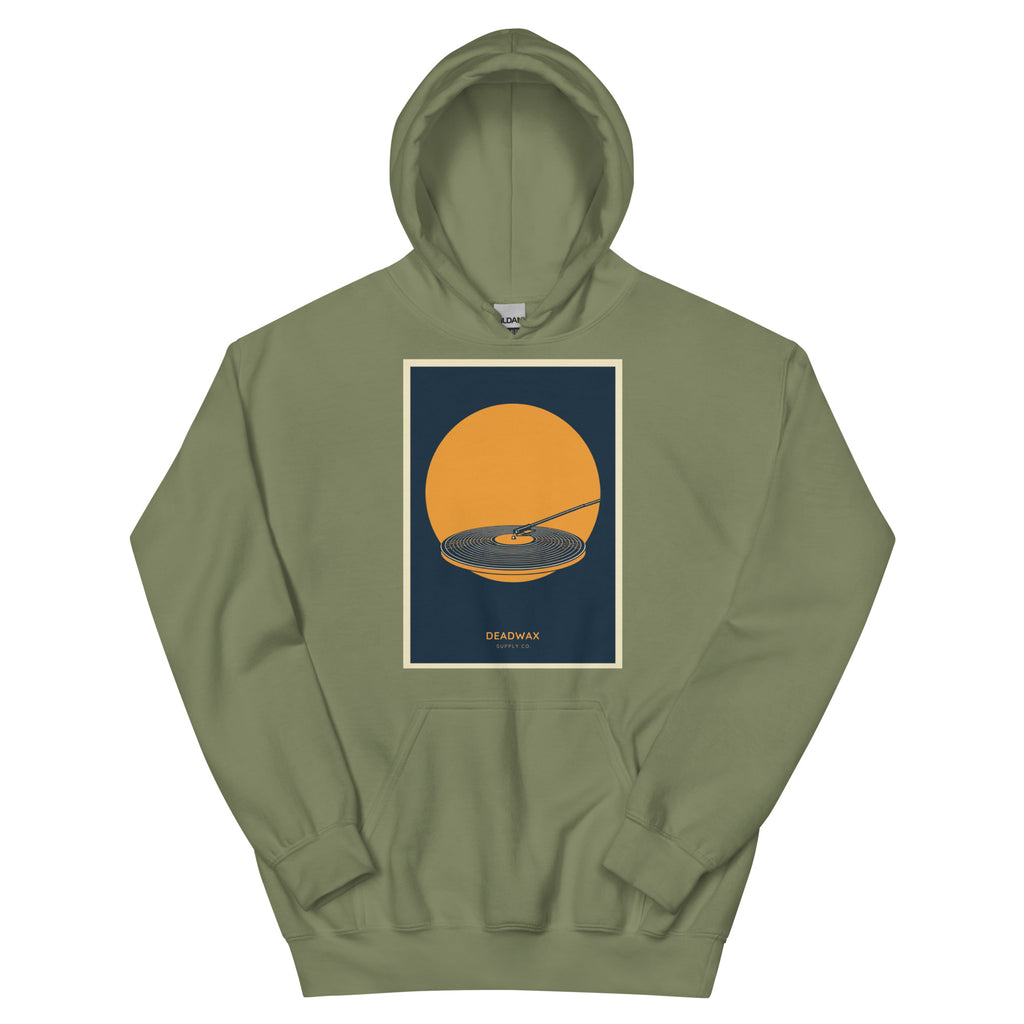 Deadwax Tonearm Hoodie in military green – vinyl record collector hoodie with tonearm and record logo