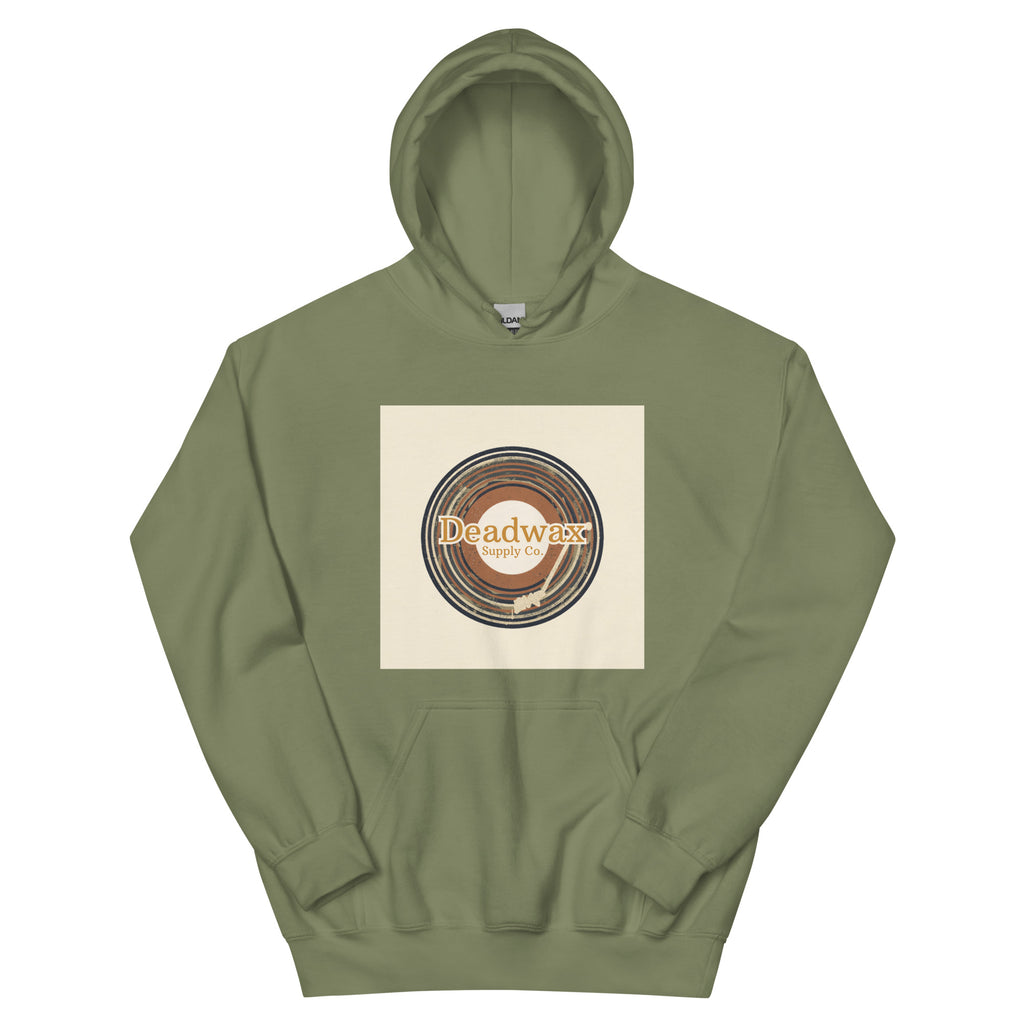Deadwax Tonearm Hoodie in military green – vinyl record collector hoodie with tonearm and record logo