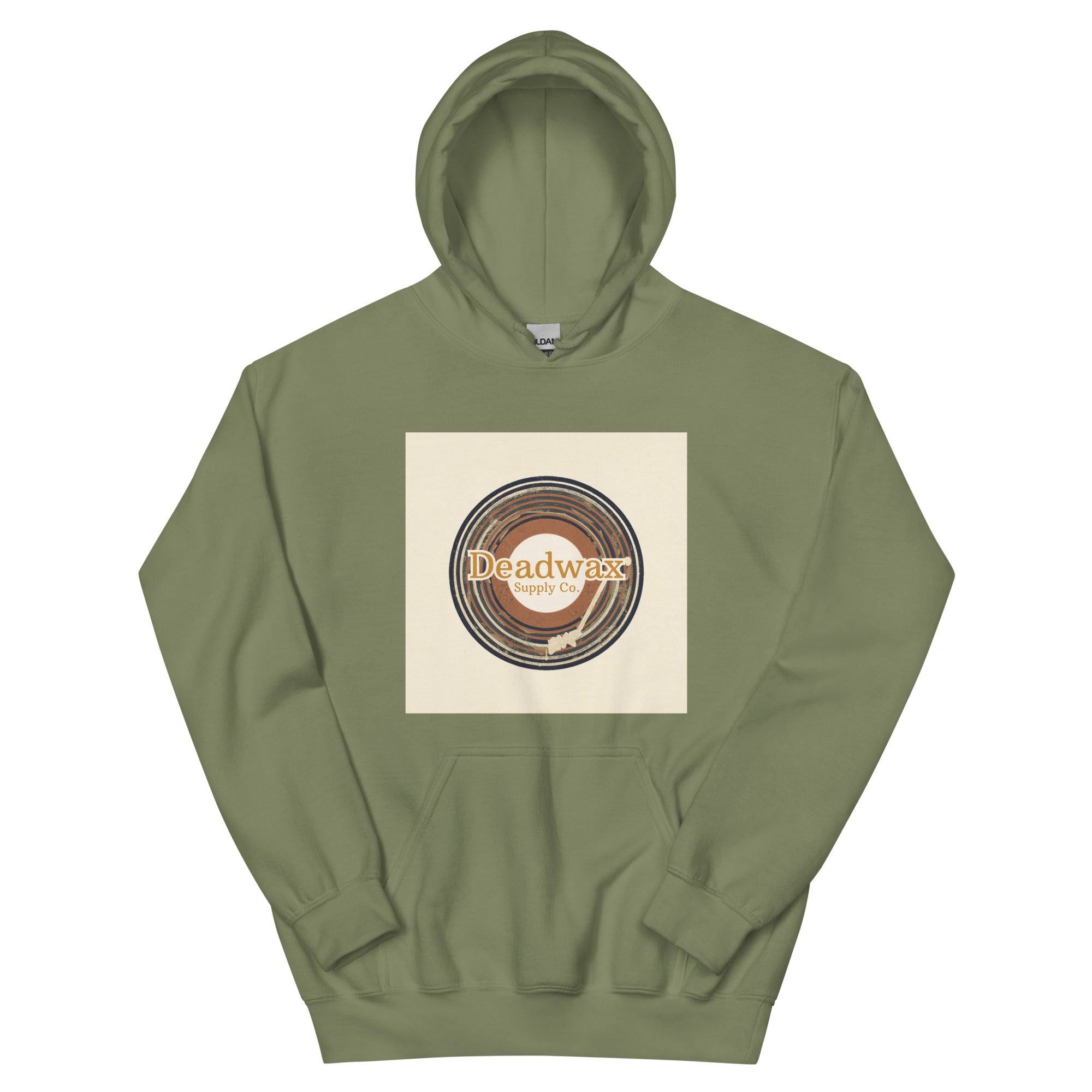 Deadwax Tonearm Hoodie in military green – vinyl record collector hoodie with tonearm and record logo