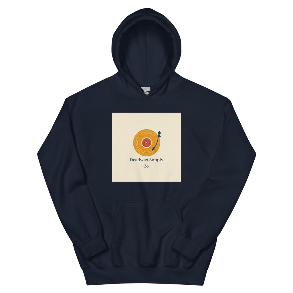 Deadwax Tonearm Hoodie in navy – vinyl record collector hoodie with tonearm and record logo