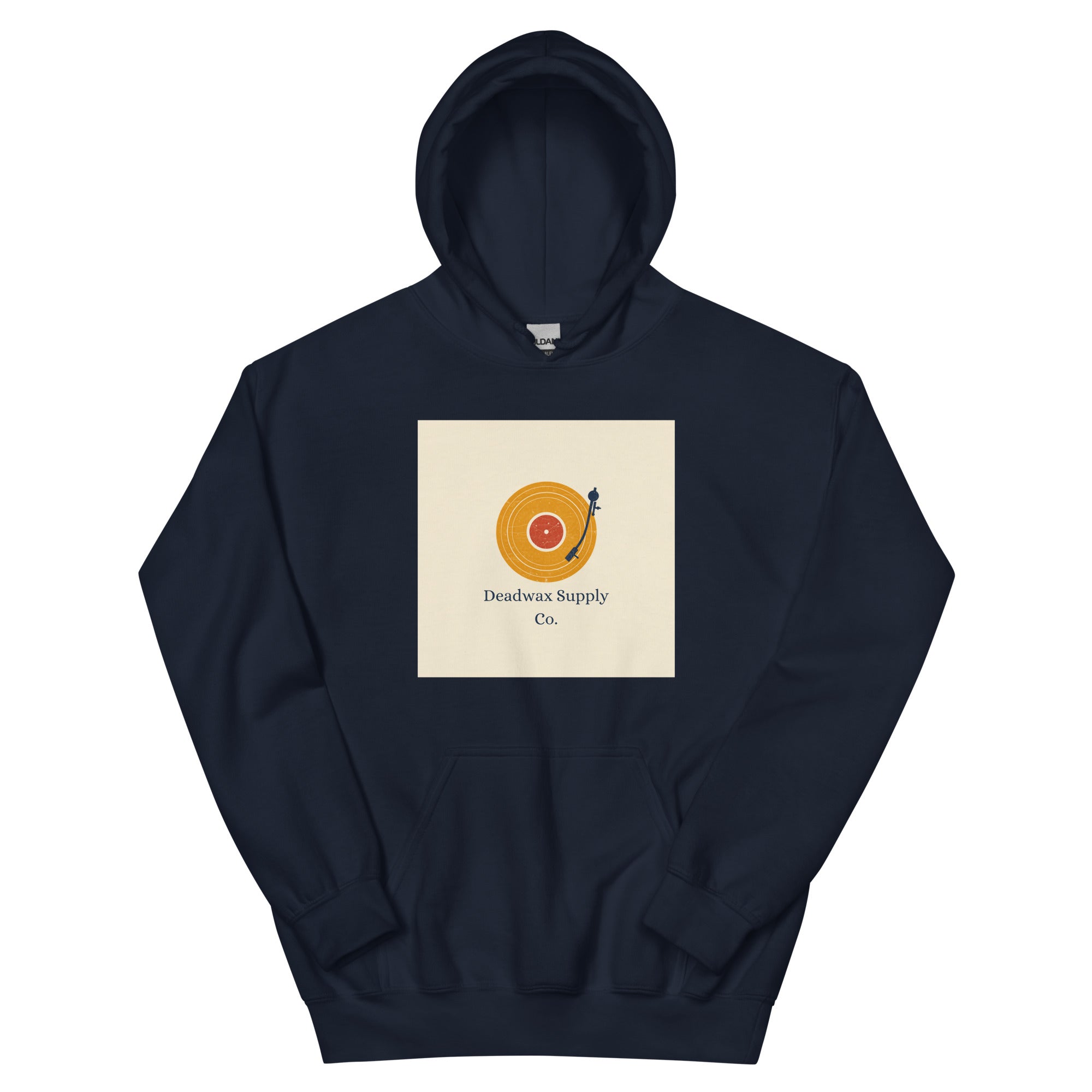 Deadwax Tonearm Hoodie in navy – vinyl record collector hoodie with tonearm and record logo