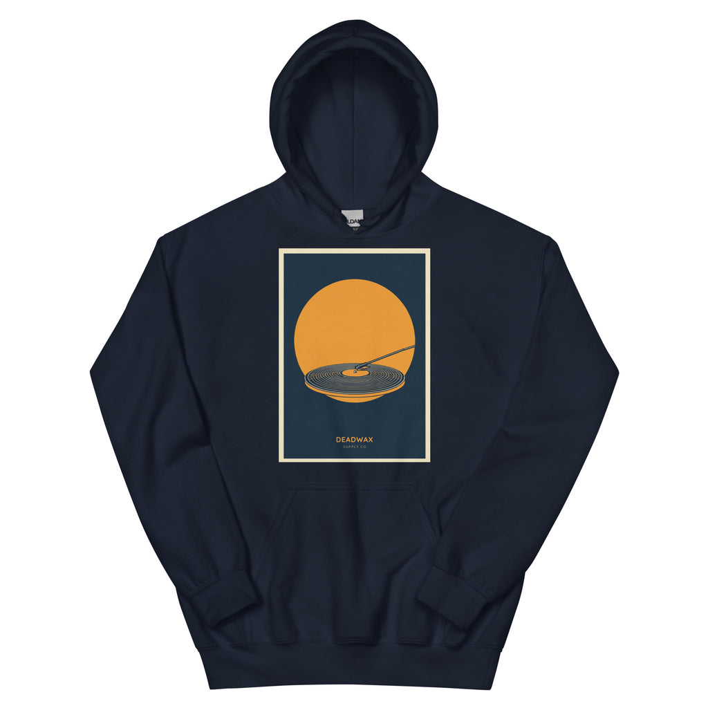 Deadwax Tonearm Hoodie in navy – vinyl record collector hoodie with tonearm and record logo