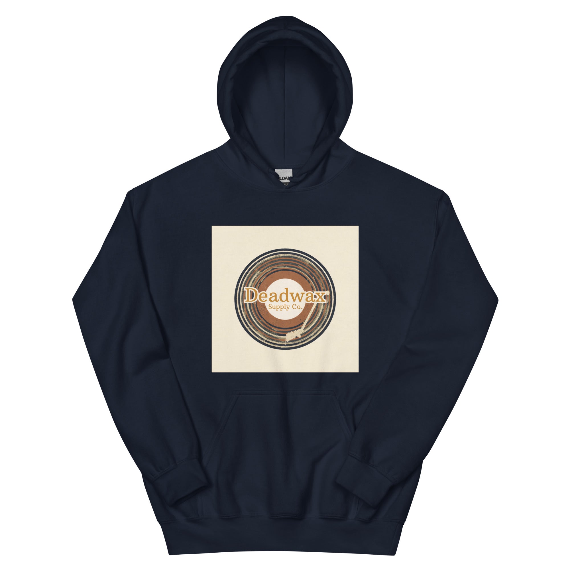 Deadwax Tonearm Hoodie in navy – vinyl record collector hoodie with tonearm and record logo