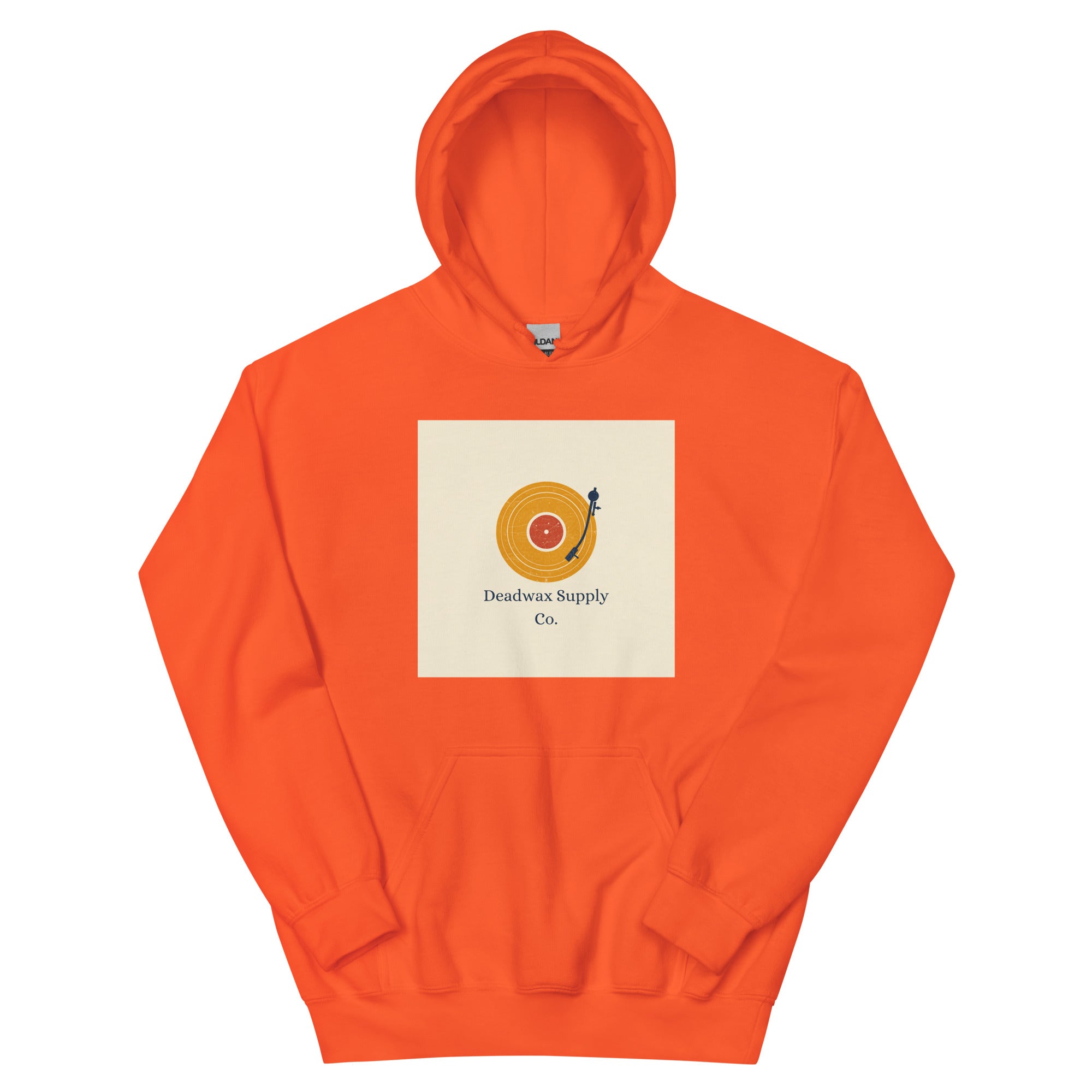 Deadwax Tonearm Hoodie in orange – vinyl record collector hoodie with tonearm and record logo