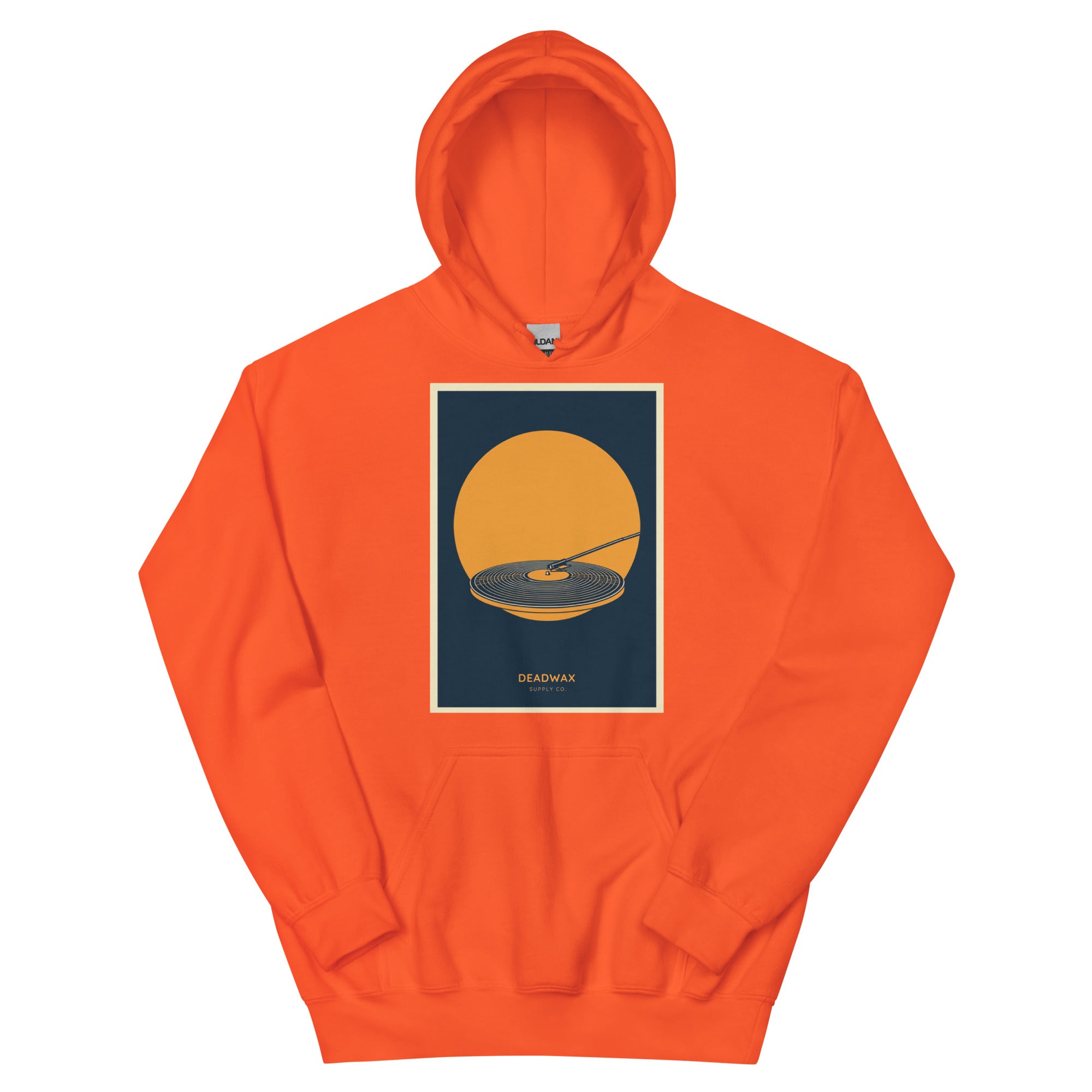 Deadwax Tonearm Hoodie in orange – vinyl record collector hoodie with tonearm and record logo