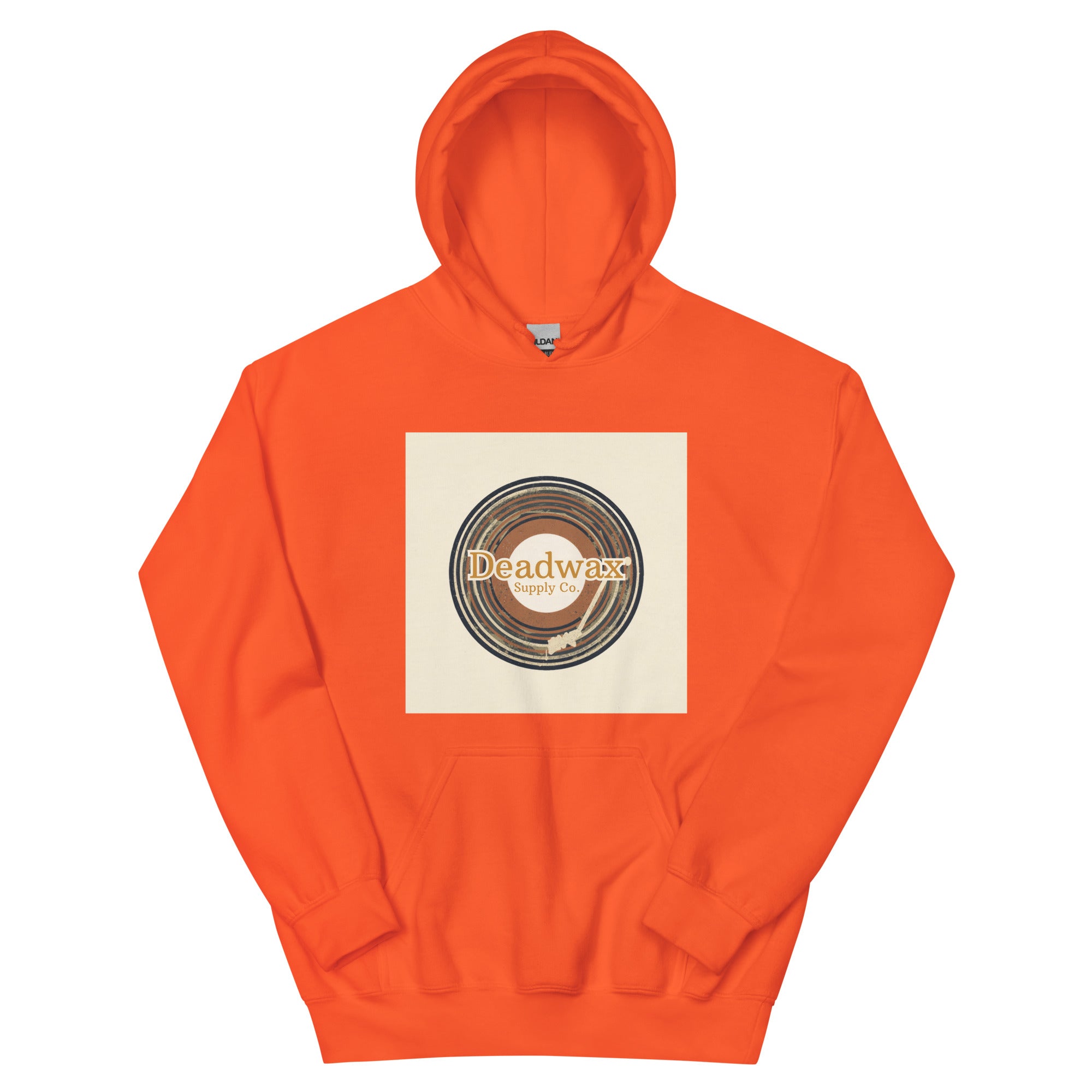 Deadwax Tonearm Hoodie in orange – vinyl record collector hoodie with tonearm and record logo