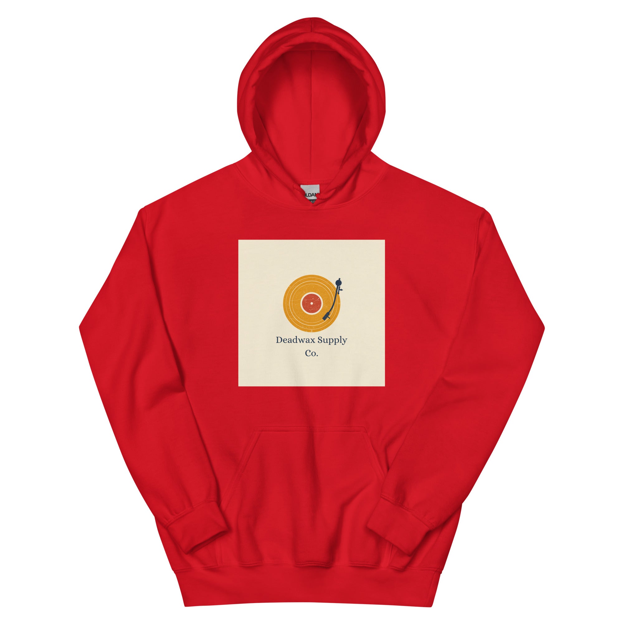 Deadwax Tonearm Hoodie in red – vinyl record collector hoodie with tonearm and record logo