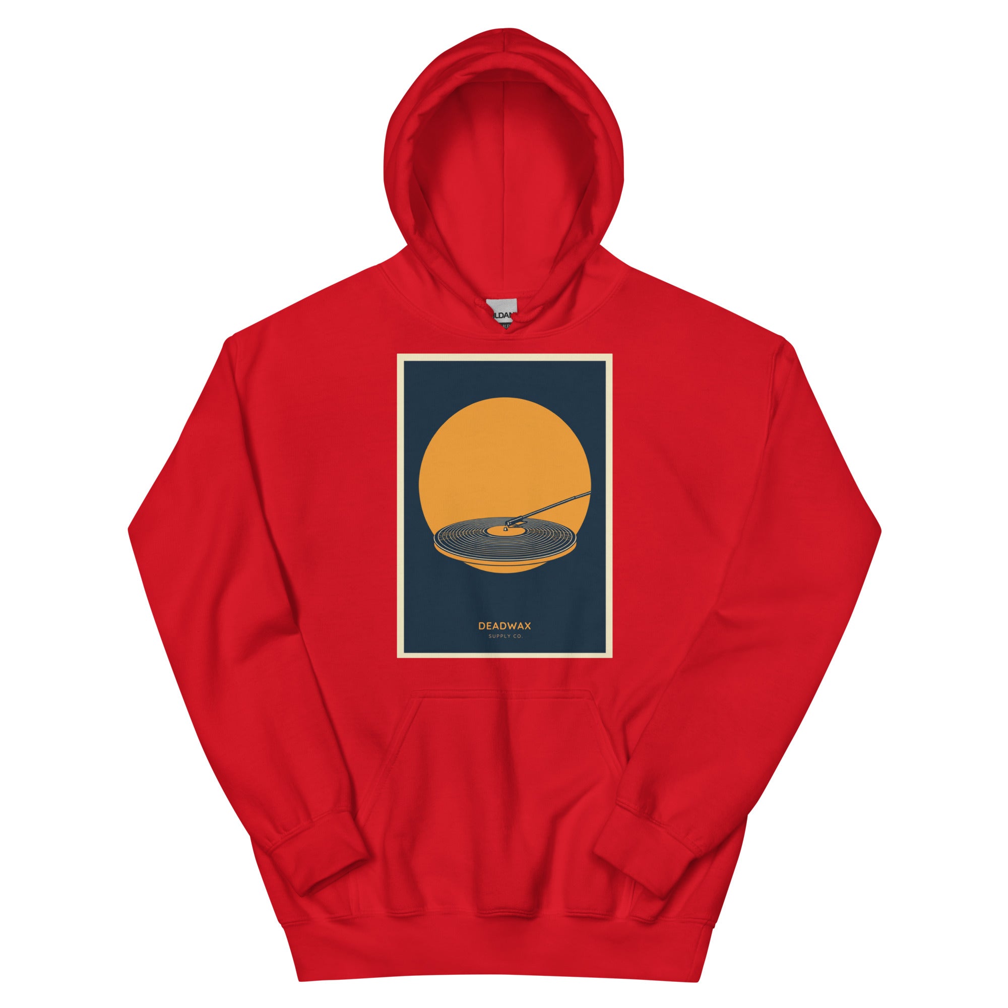 Deadwax Tonearm Hoodie in red – vinyl record collector hoodie with tonearm and record logo