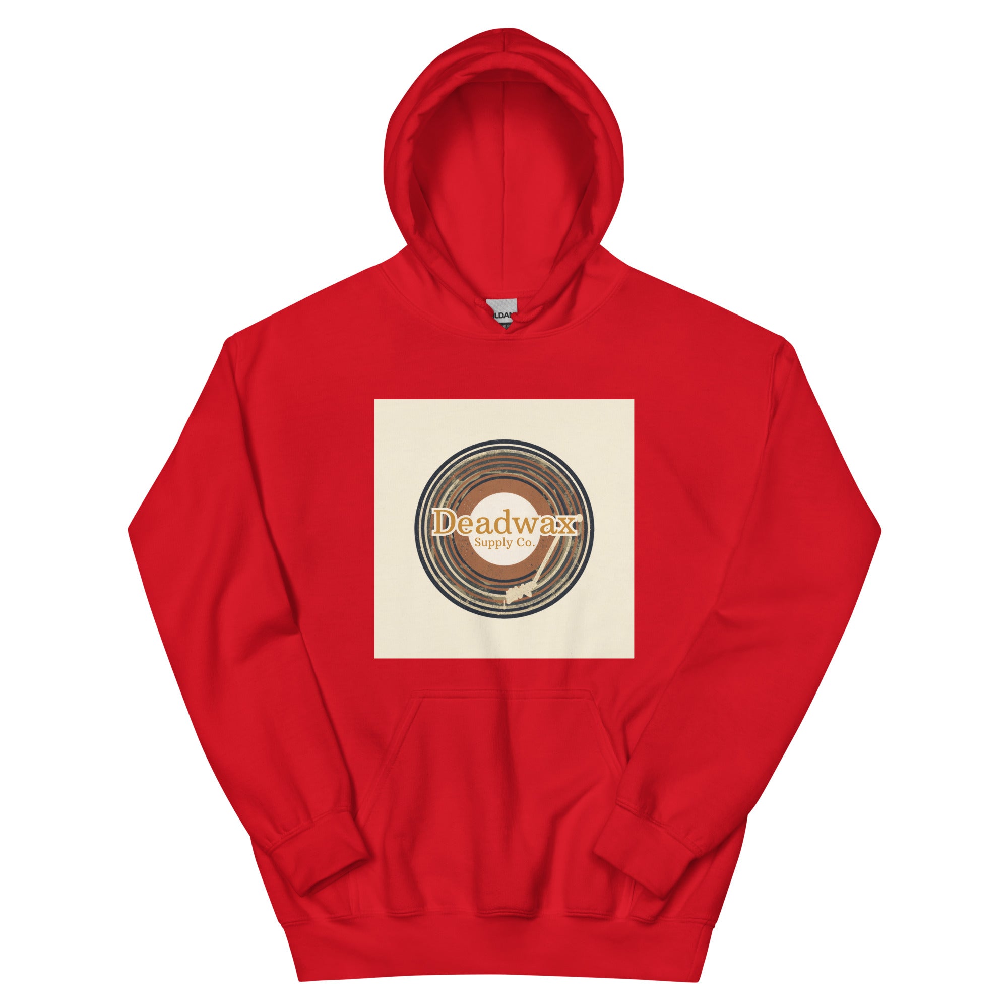 Deadwax Tonearm Hoodie in red – vinyl record collector hoodie with tonearm and record logo