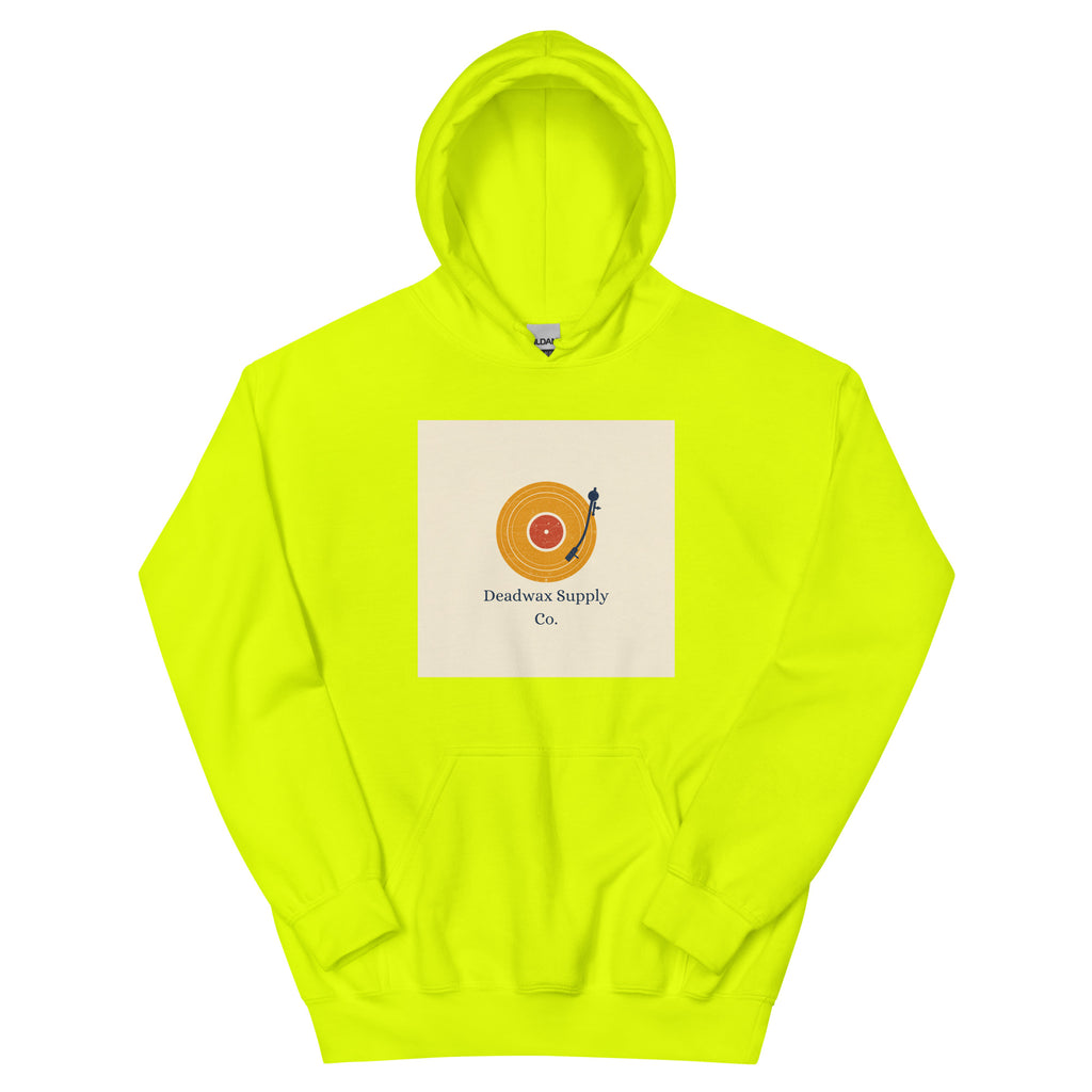 Deadwax Tonearm Hoodie in safety green – vinyl record collector hoodie with tonearm and record logo