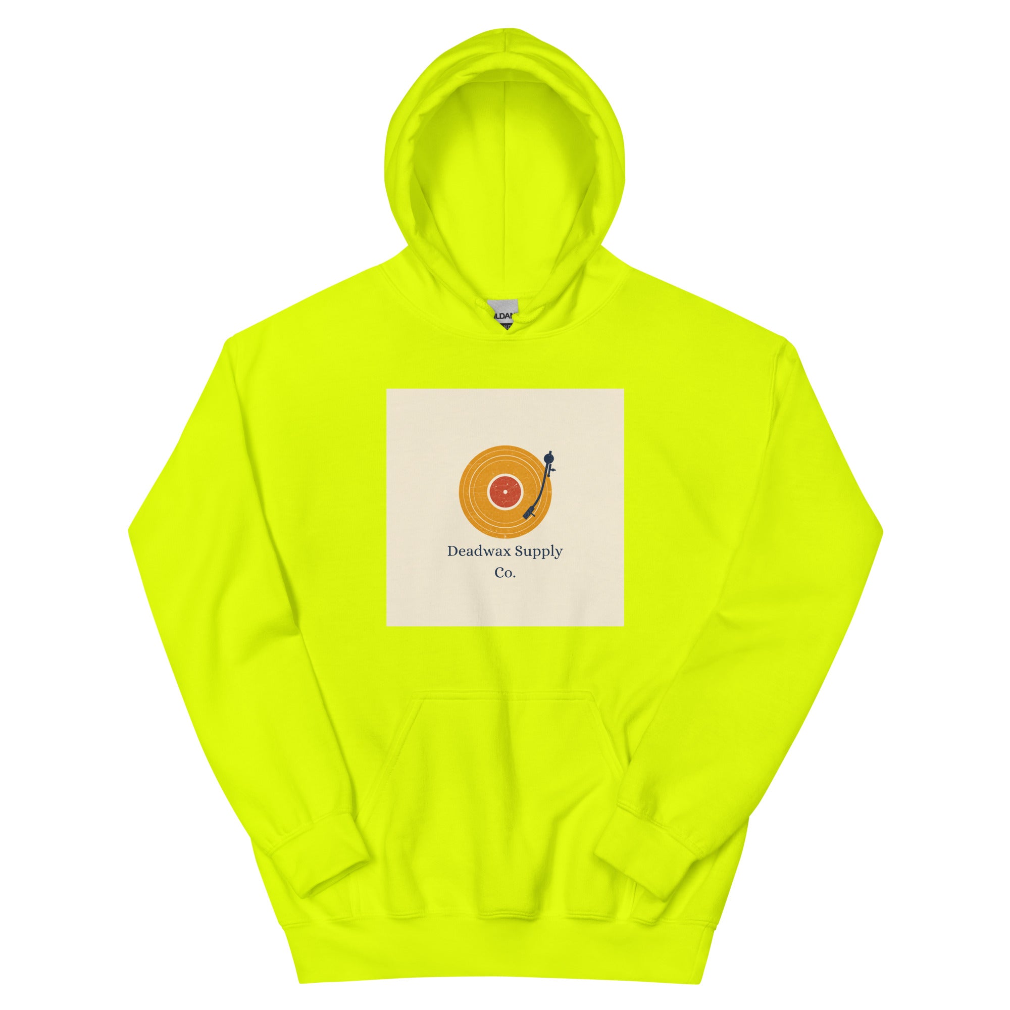 Deadwax Tonearm Hoodie in safety green – vinyl record collector hoodie with tonearm and record logo