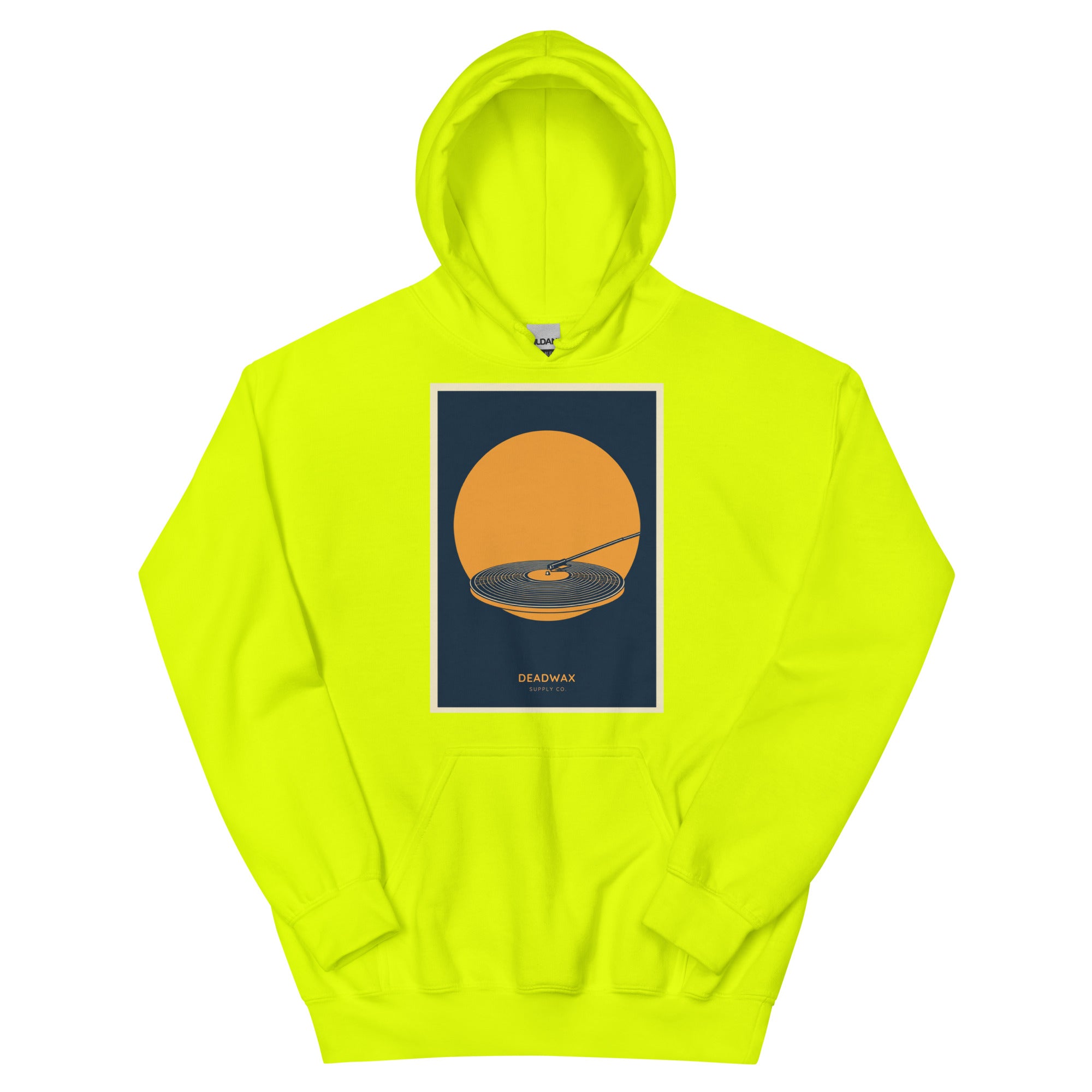 Deadwax Tonearm Hoodie in safety green – vinyl record collector hoodie with tonearm and record logo