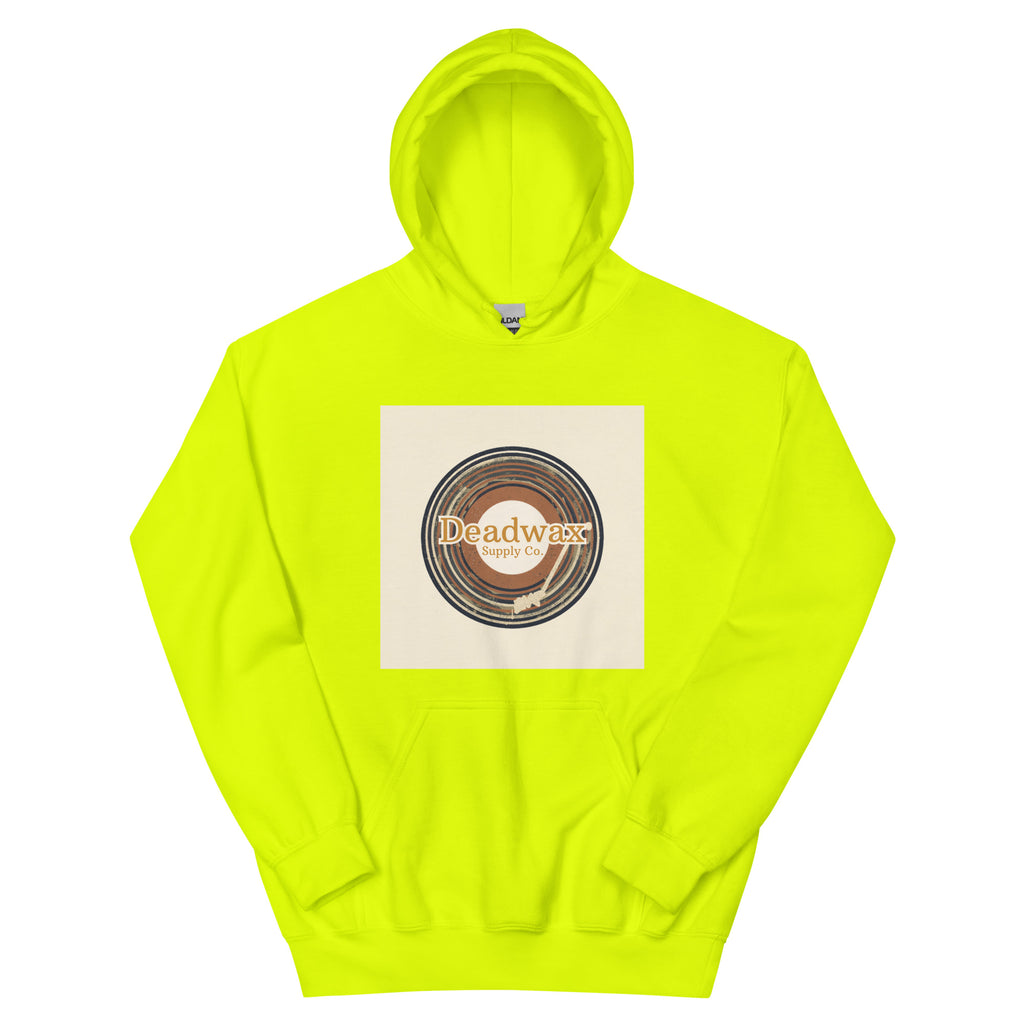 Deadwax Tonearm Hoodie in safety green – vinyl record collector hoodie with tonearm and record logo