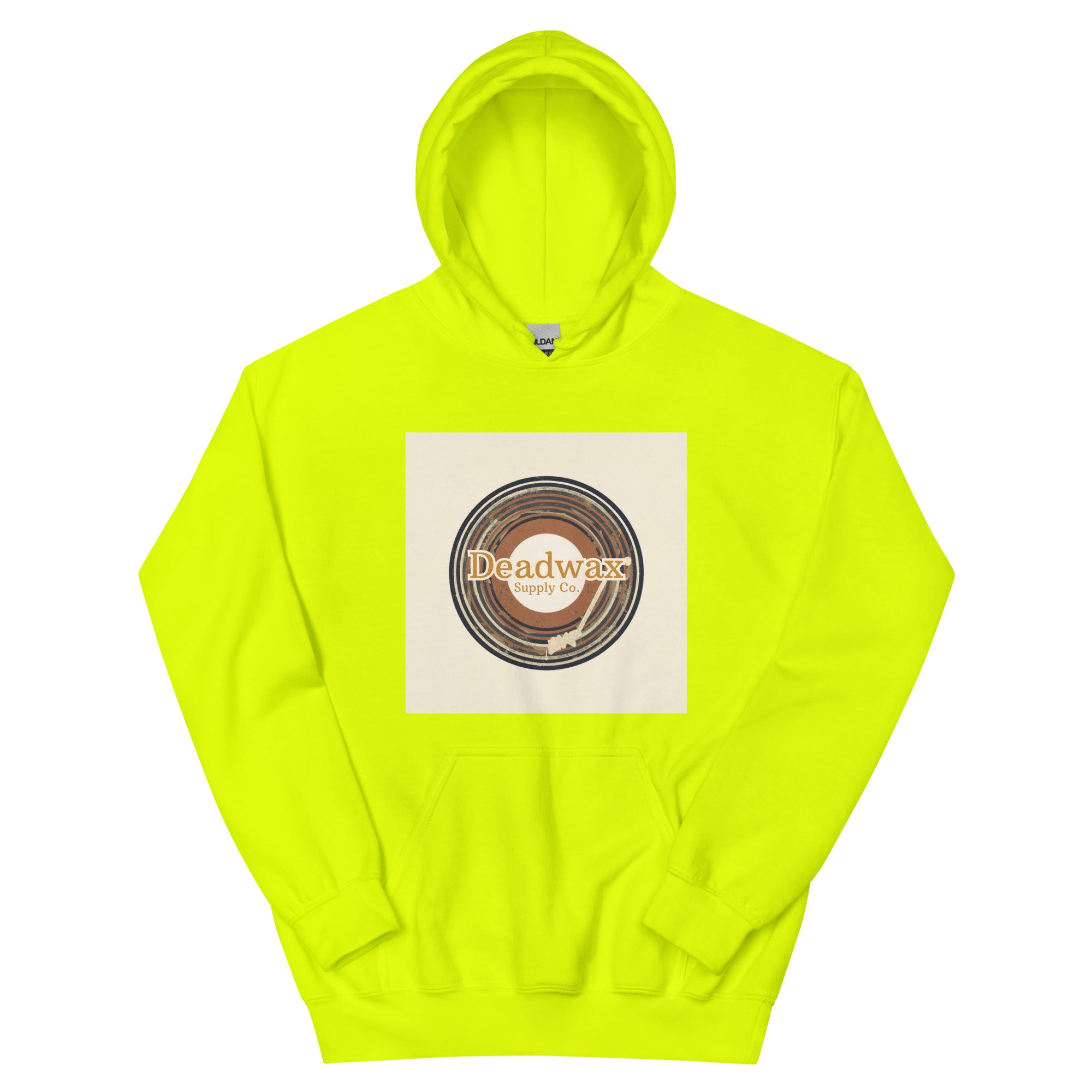Deadwax Tonearm Hoodie in safety green – vinyl record collector hoodie with tonearm and record logo