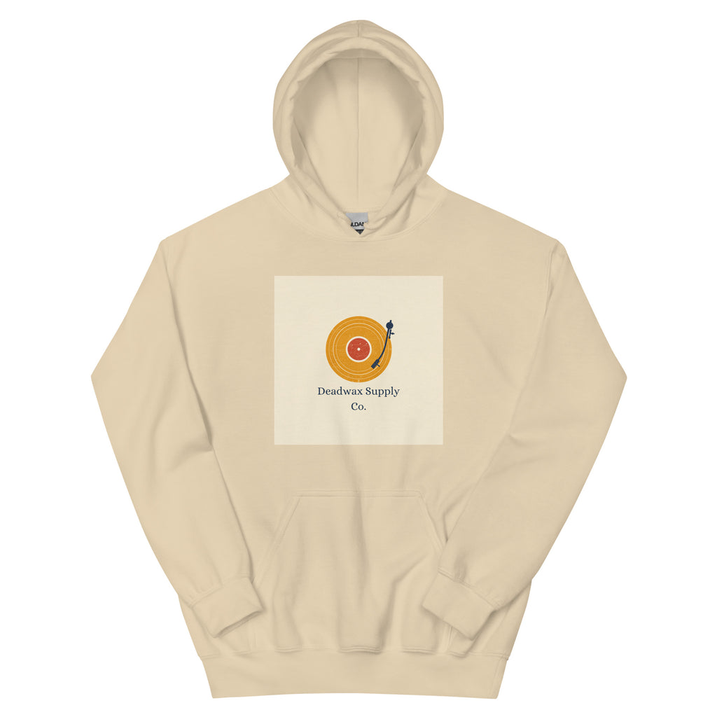 Deadwax Tonearm Hoodie in sand – vinyl record collector hoodie with tonearm and record logo